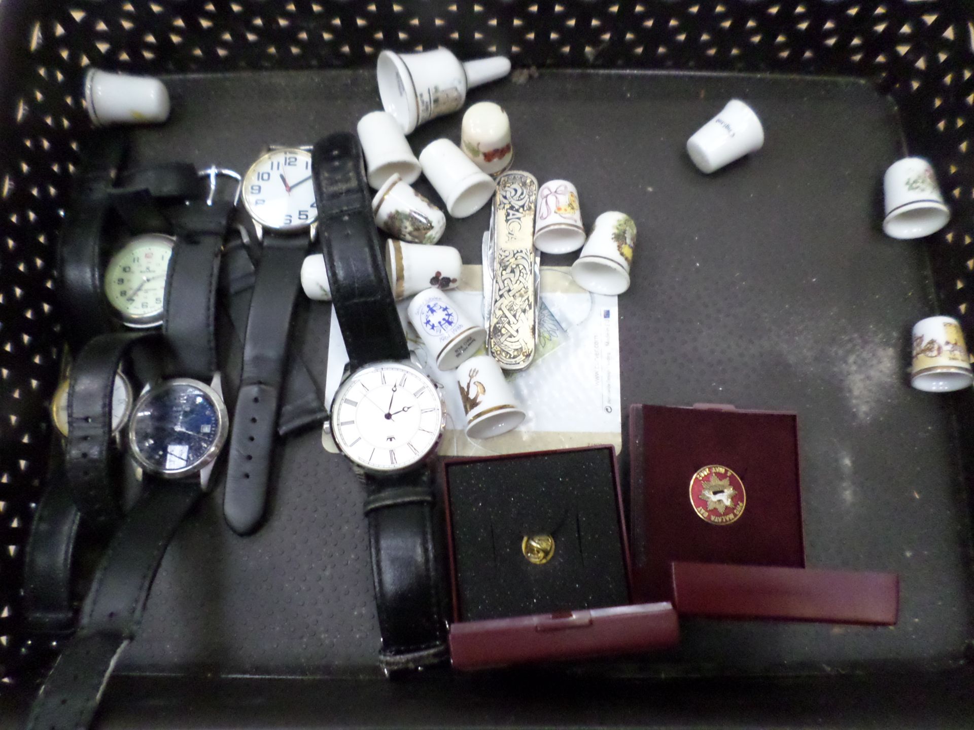 Box of watches, thimbles etc