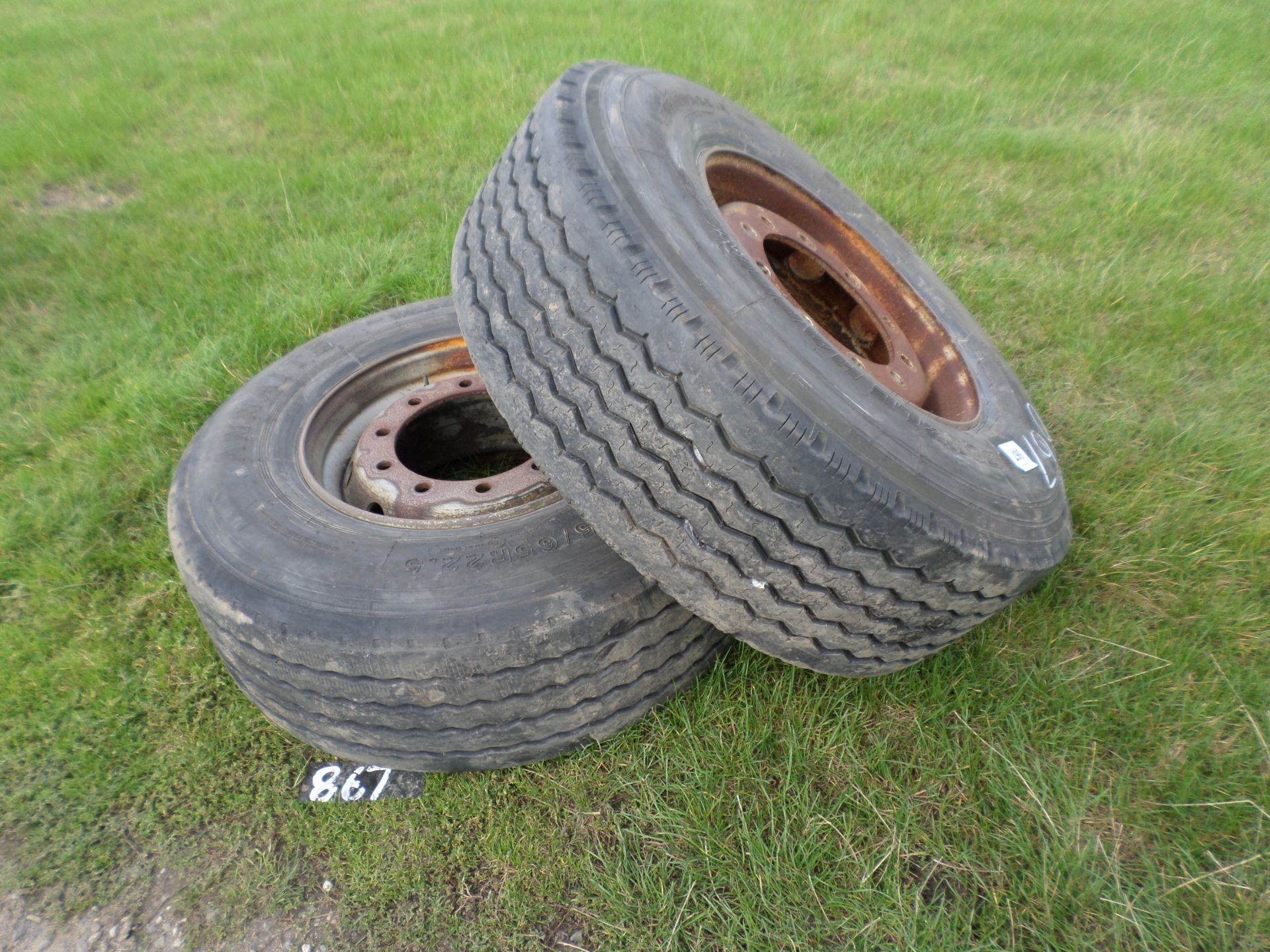 2 x 385/65/22.5 part worn super singles on rims NO VAT