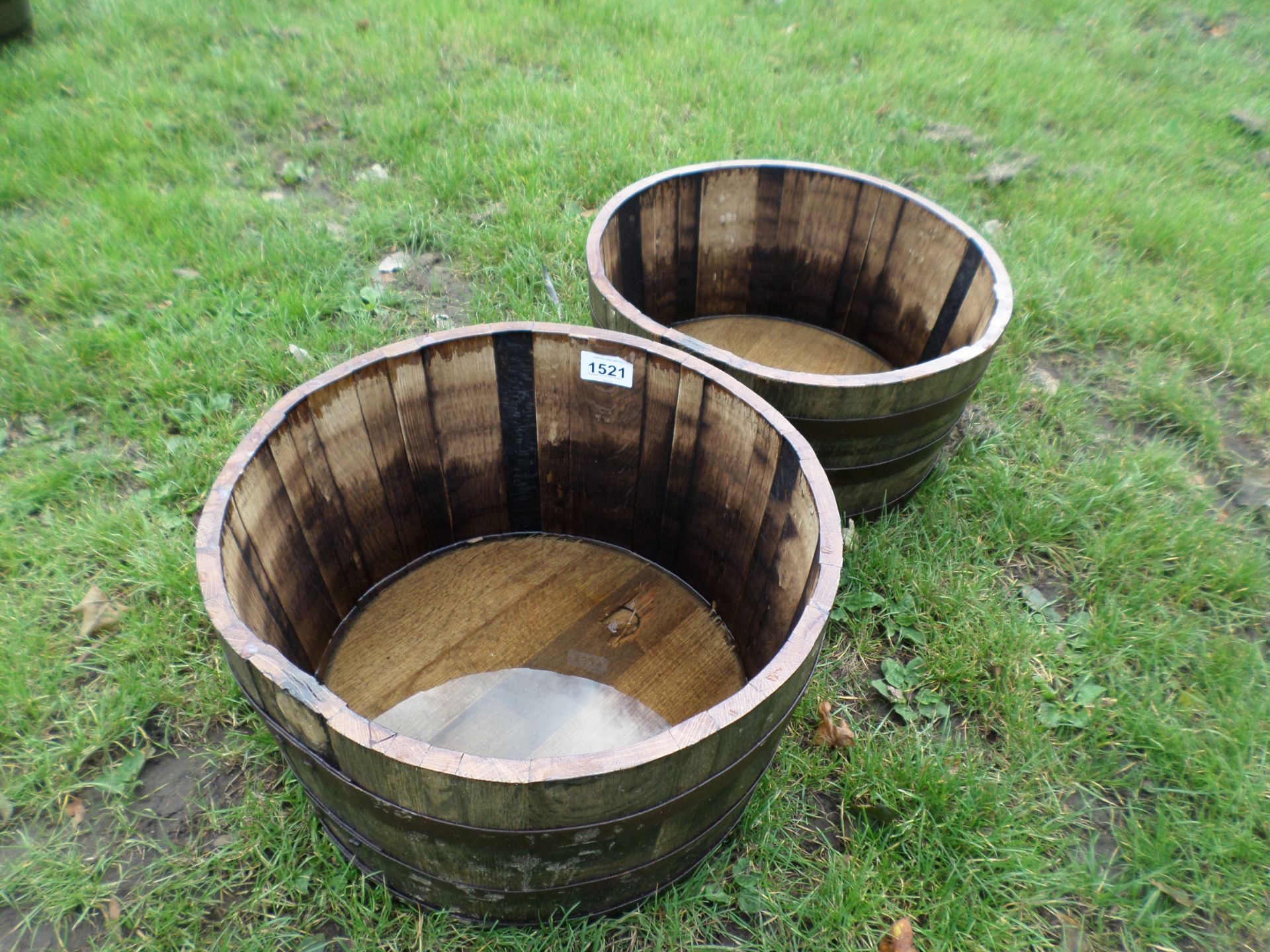 2 large hogshead oak barrel planters NO VAT