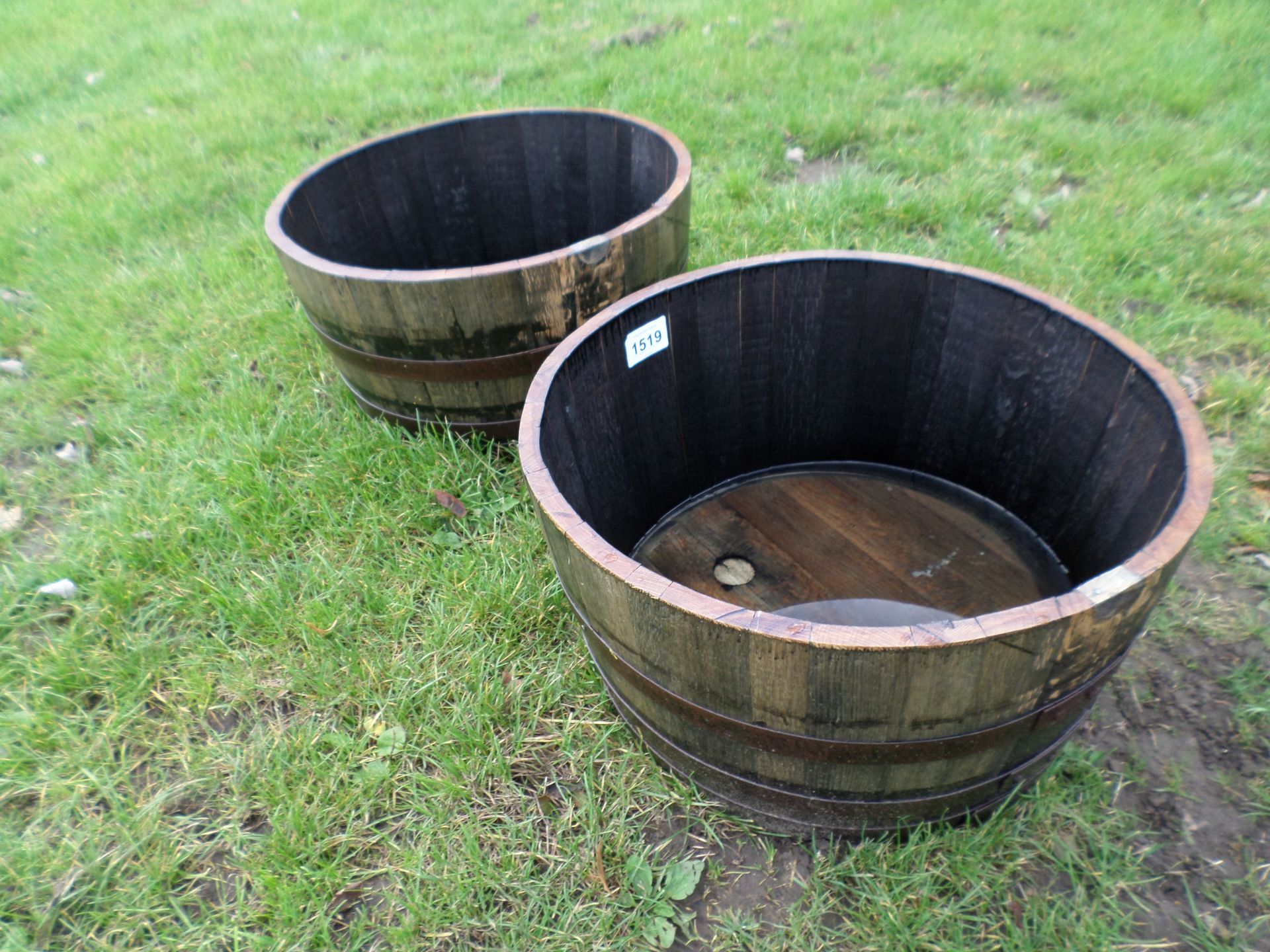 2 large hogshead oak barrel planters NO VAT