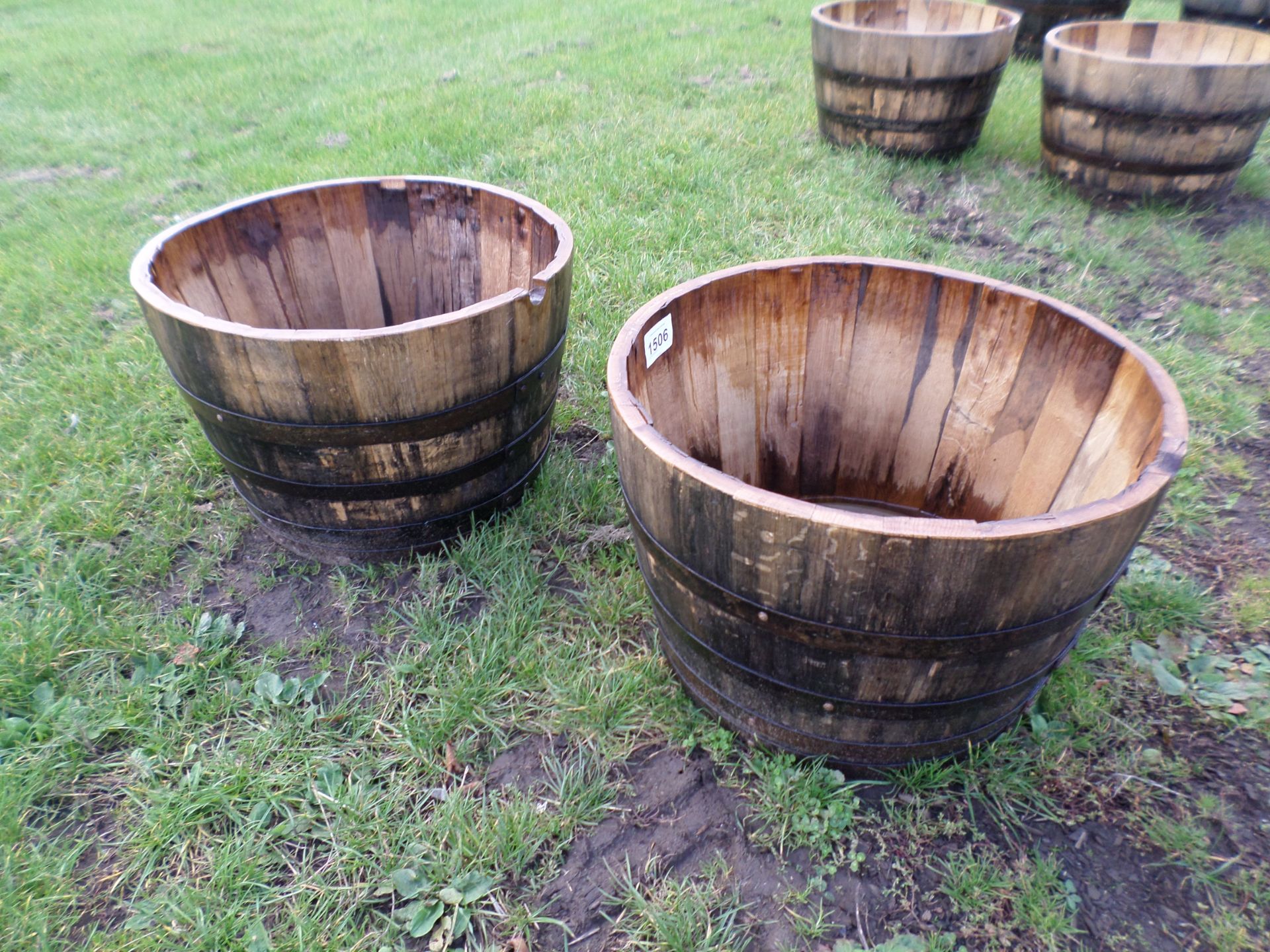 2 oak barrel planters NO VAT