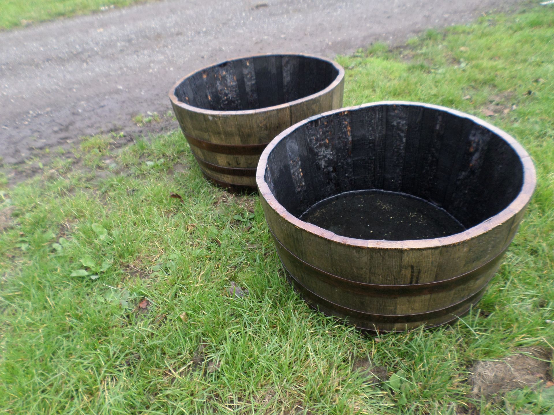 2 large hogshead oak barrel planters NO VAT