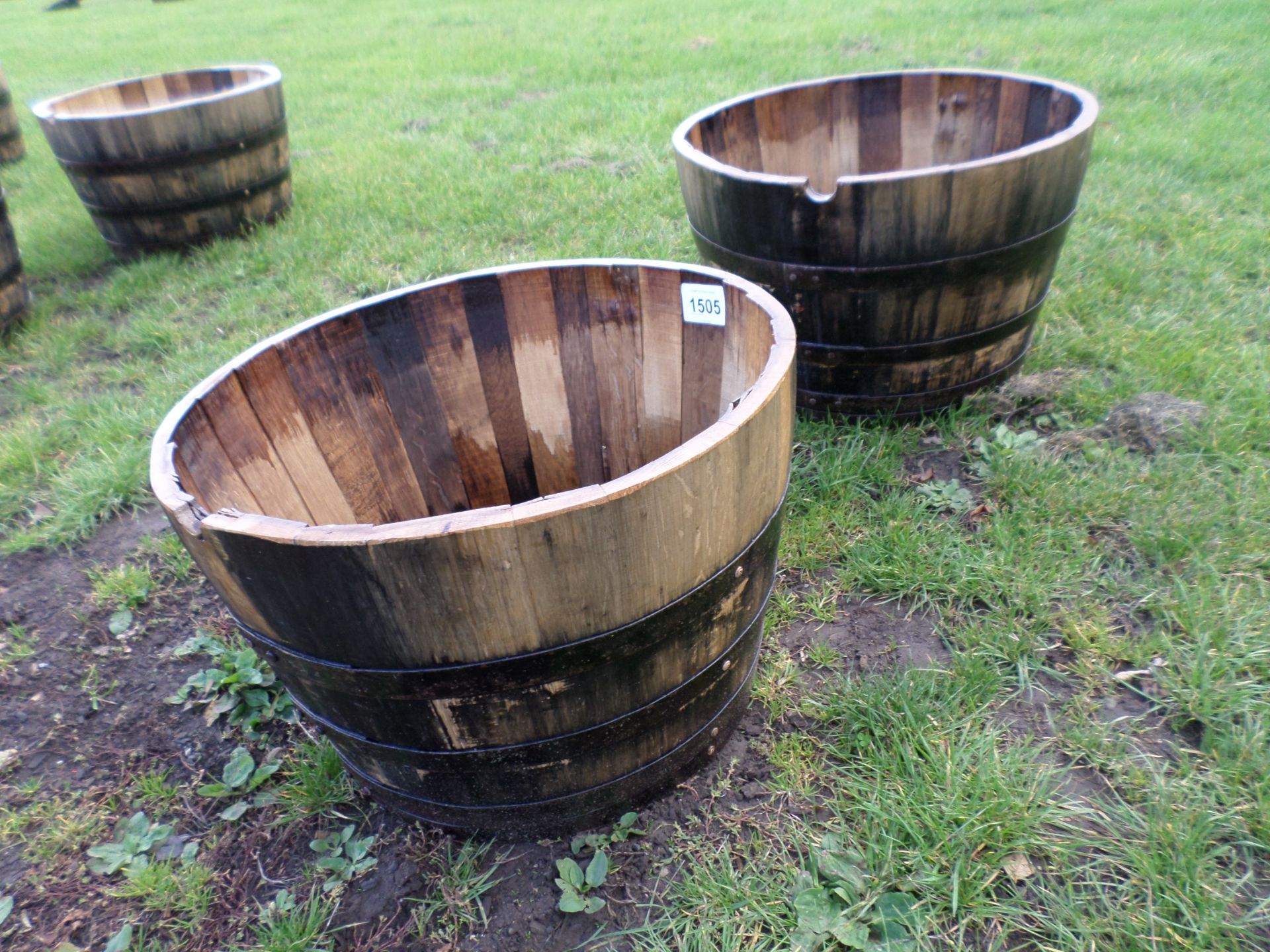 2 oak barrel planters NO VAT