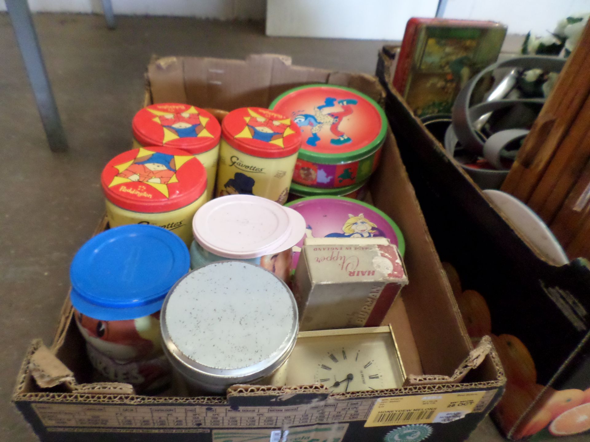 2 boxes of kitchen items and collectable bric a brac including pine bread bin and cutlery etc