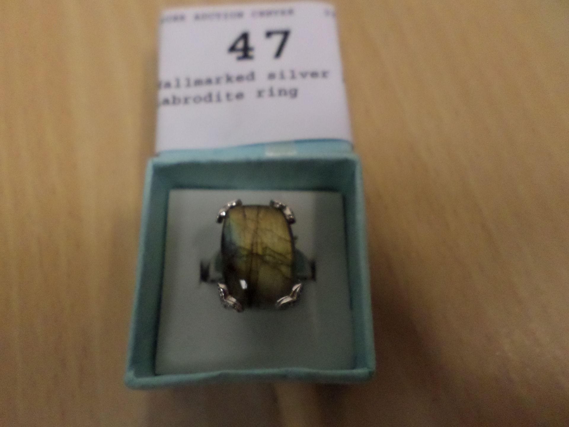Hallmarked silver large Labrodite ring