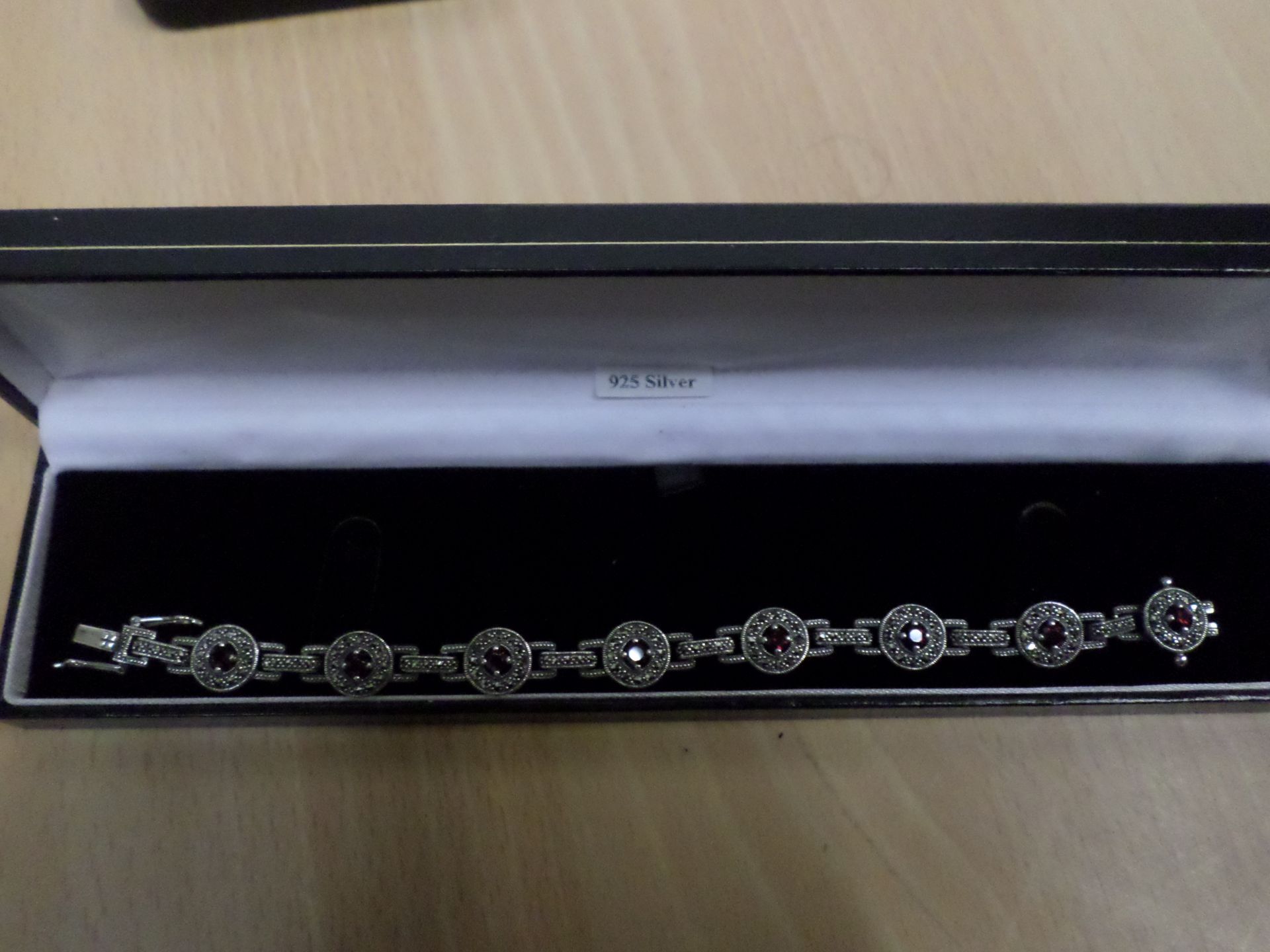 Hallmarked silver garnet and marcasite fancy bracelet - Image 2 of 2