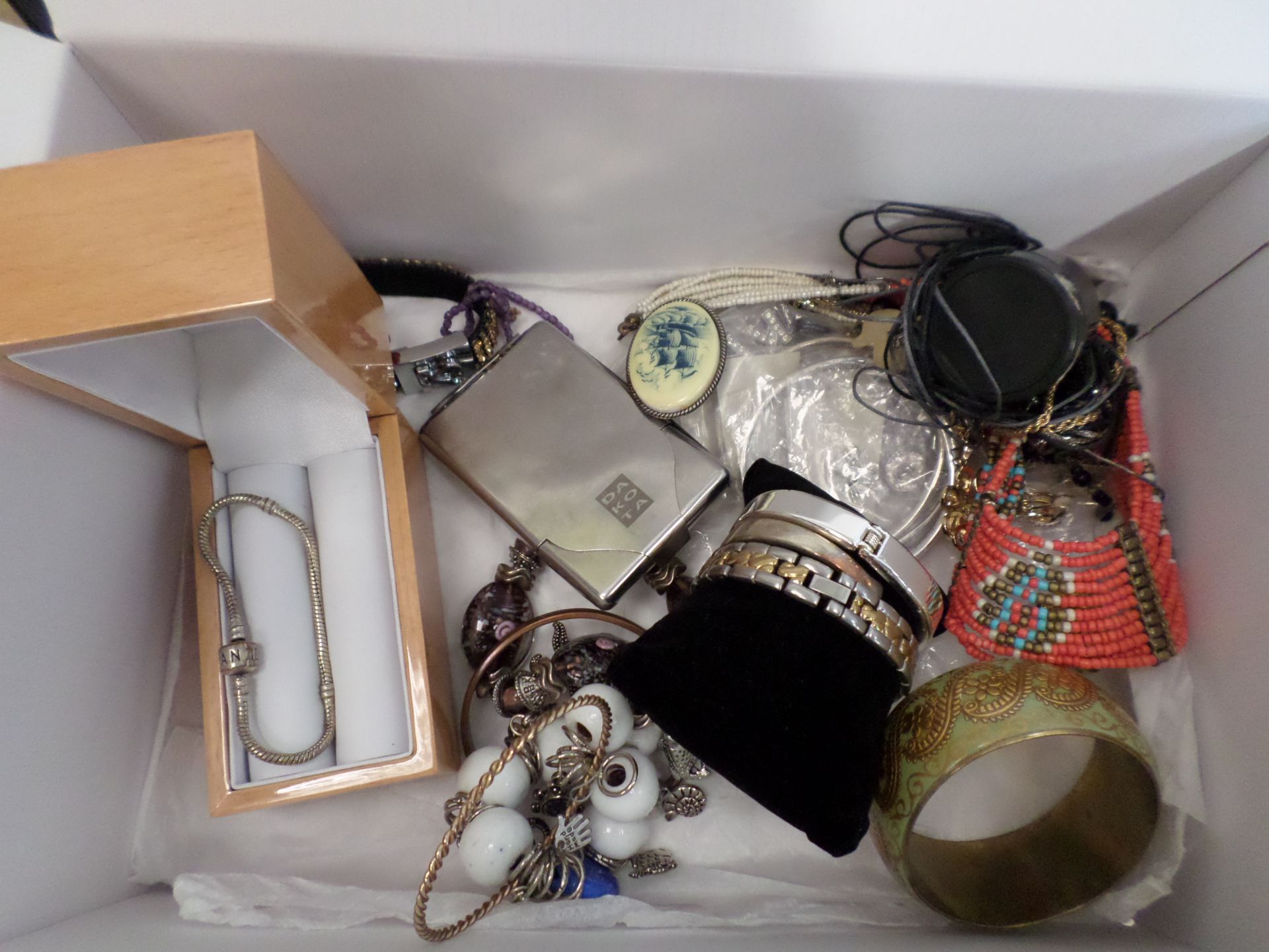 Box of costume jewellery including Pandora bracelet