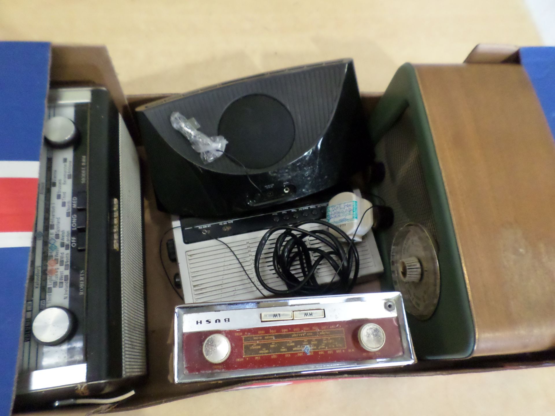 Box of mixed vintage radios including Roberts, Bush etc