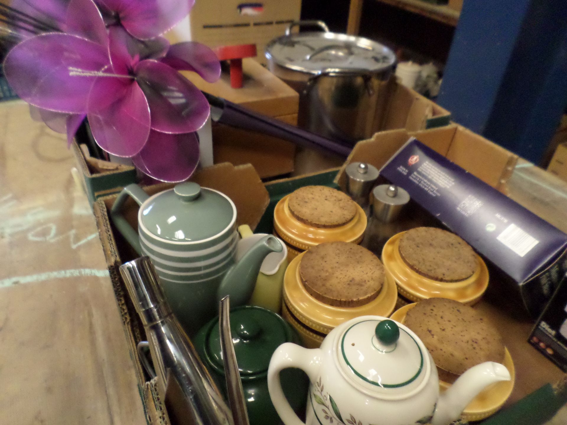 2 boxes of kitchenware including jugs, fan heater, shoe cleaning box and contents - Image 2 of 2