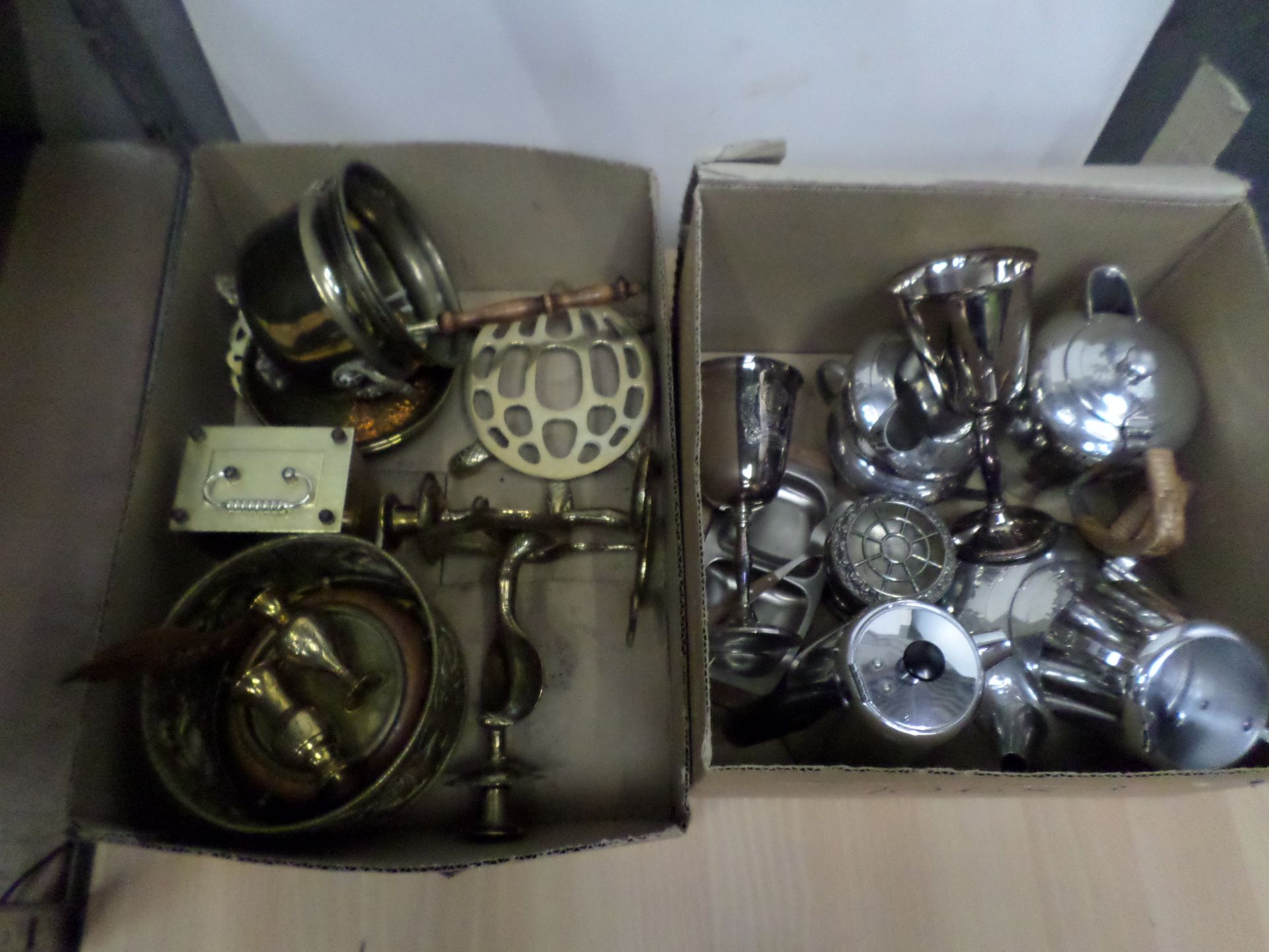 Box of brassware, box of silverware