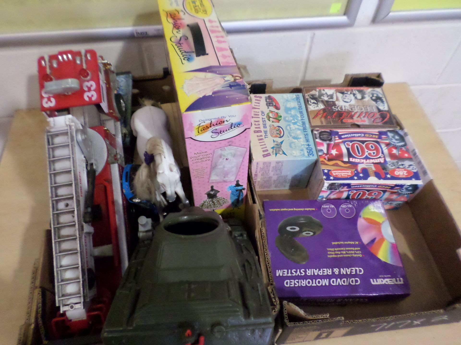 2 boxes of toy horses, assorted toys and children's books etc