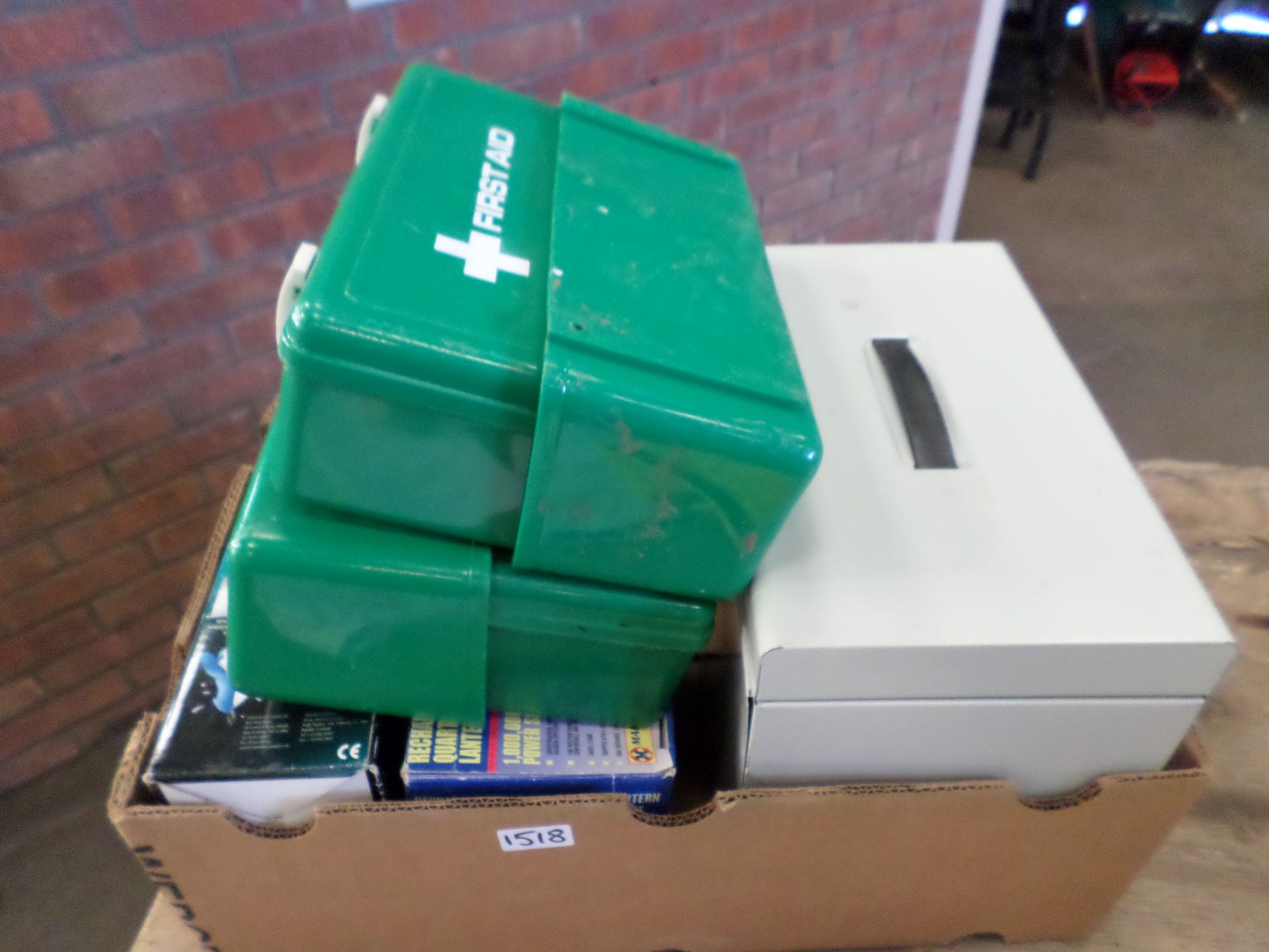 Miscellaneous box including hand held steam cleaner, torch,first aid kits and filing box