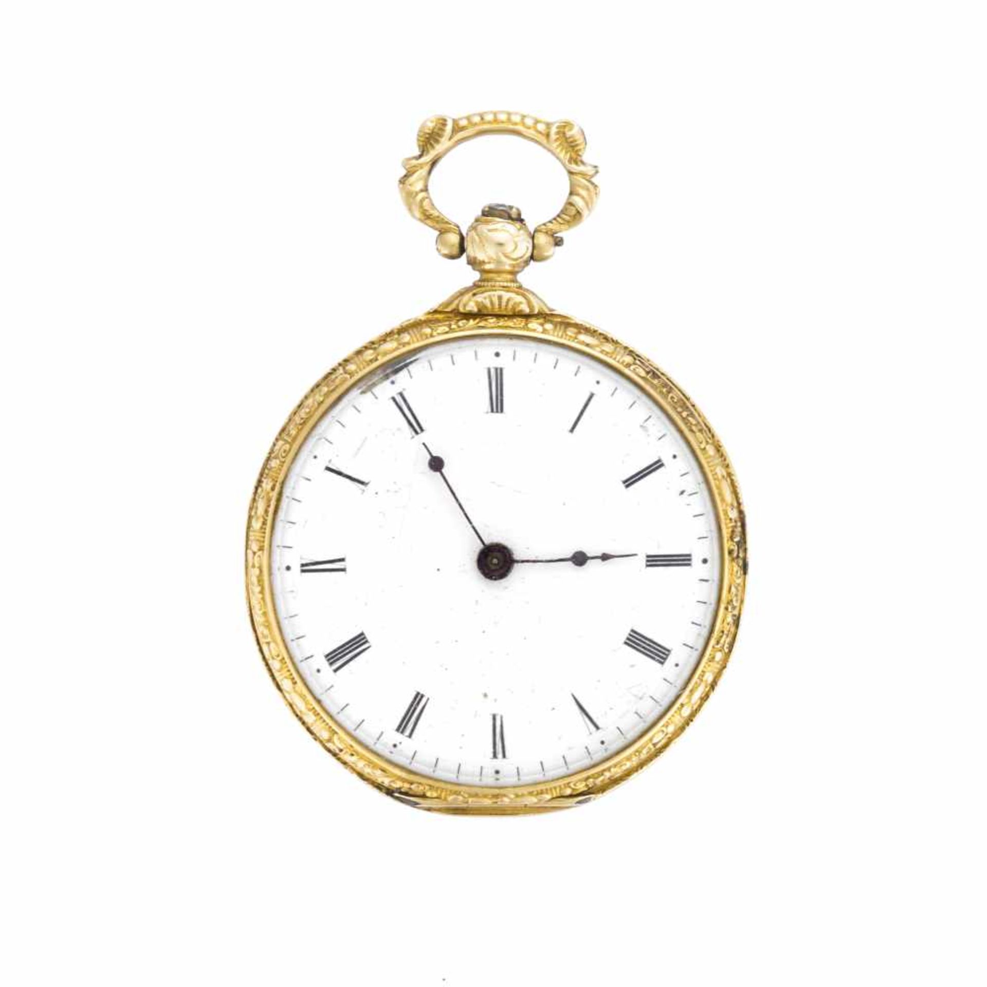 BAUTTE A GENEVE18K gold pocket watch with enamel decorationHalf 19th centuryCase signedKey-wind