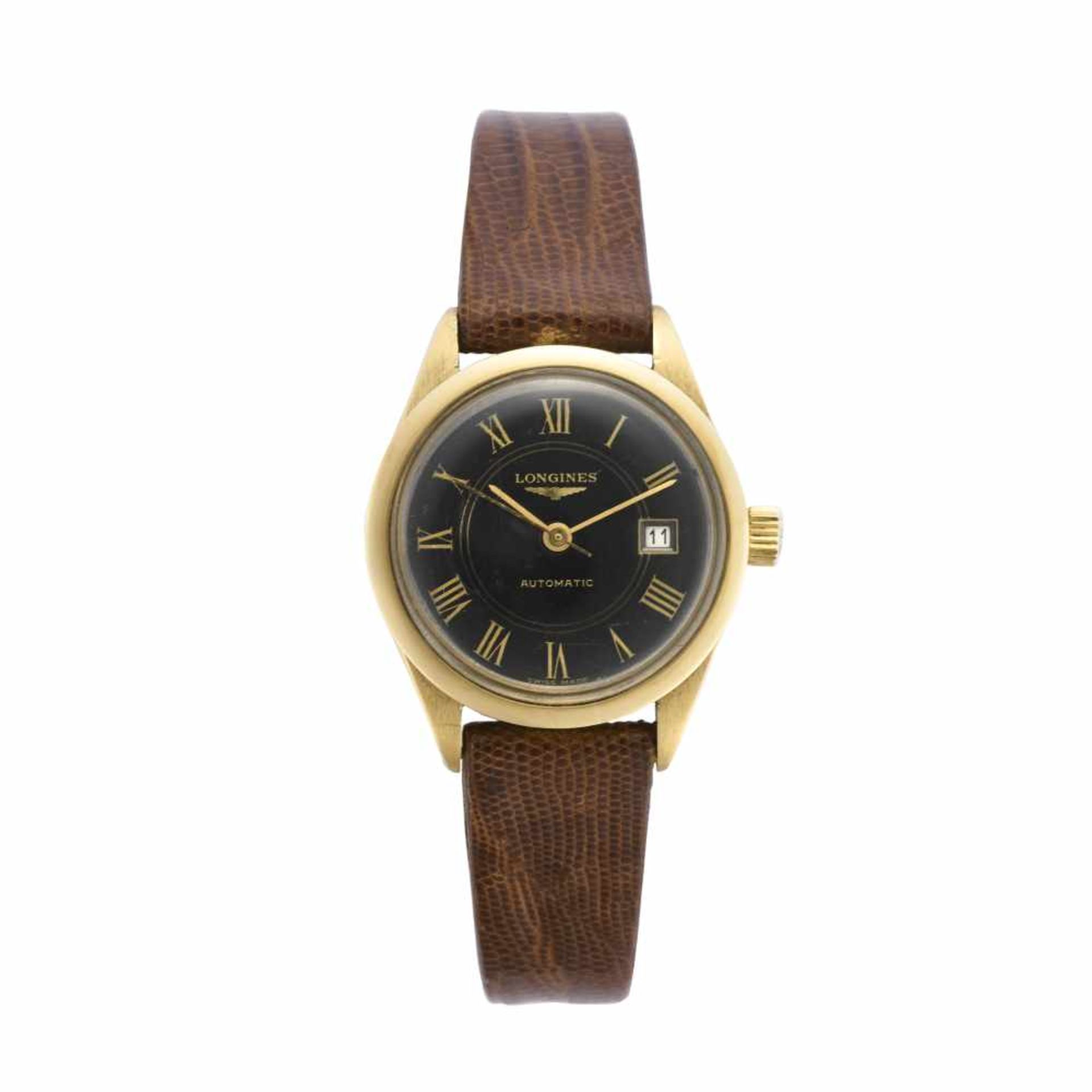 LONGINESLady's 18K gold wristwatch1970s/1980sDial signedAutomatic movementBlack dial with Roman