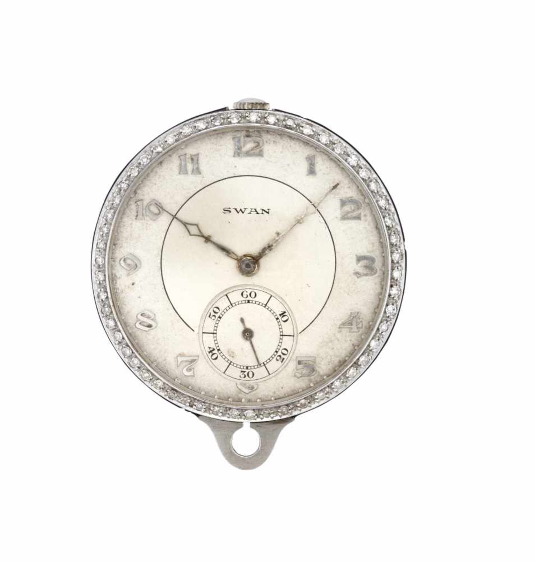 SWANPlatinum pocket watch with enamel decoration and diamondEarly 20th centuryDial and movement