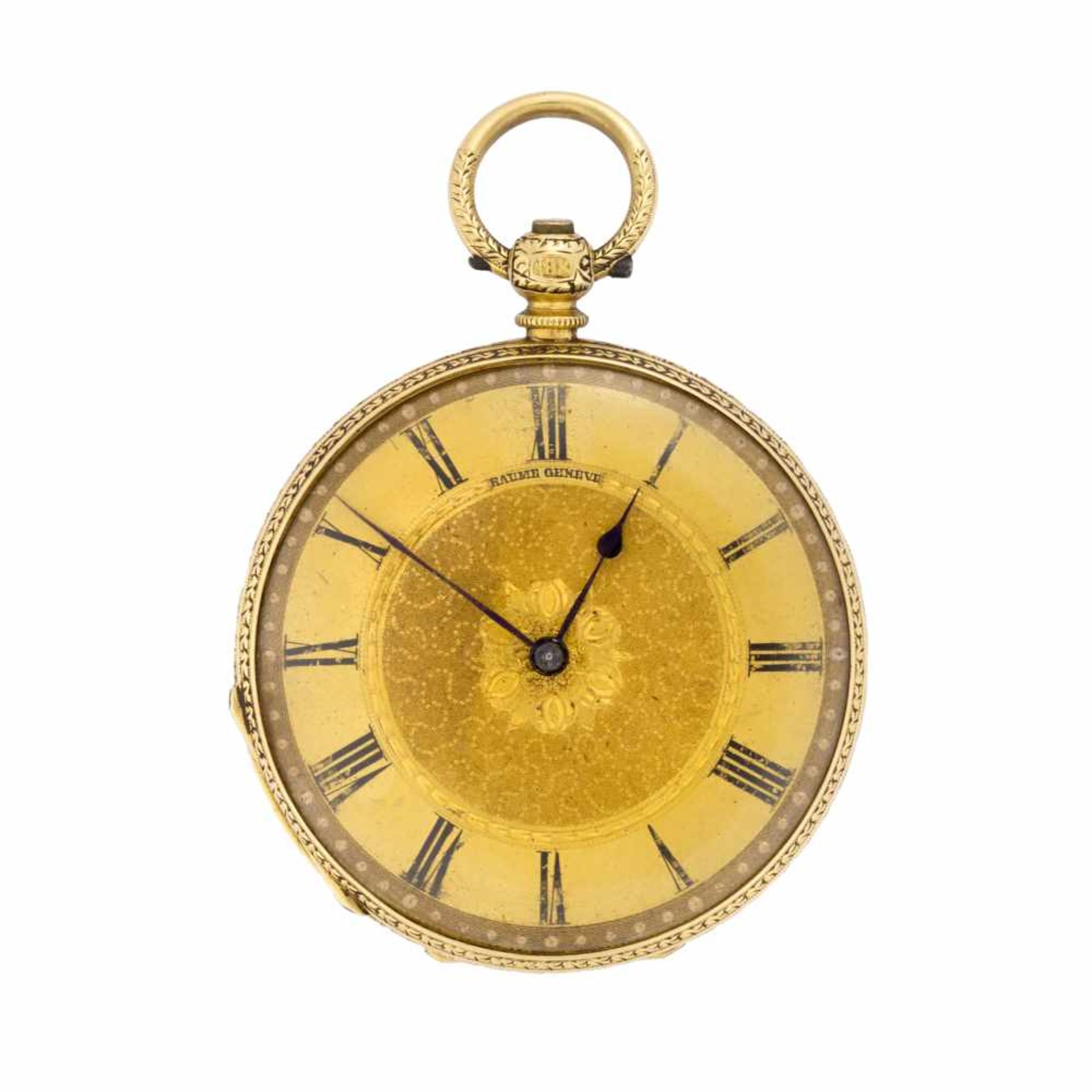 JOHN HARVEY18K gold pocket watch with guillochè enamelHalf 19th centuryCase signedKey-wind