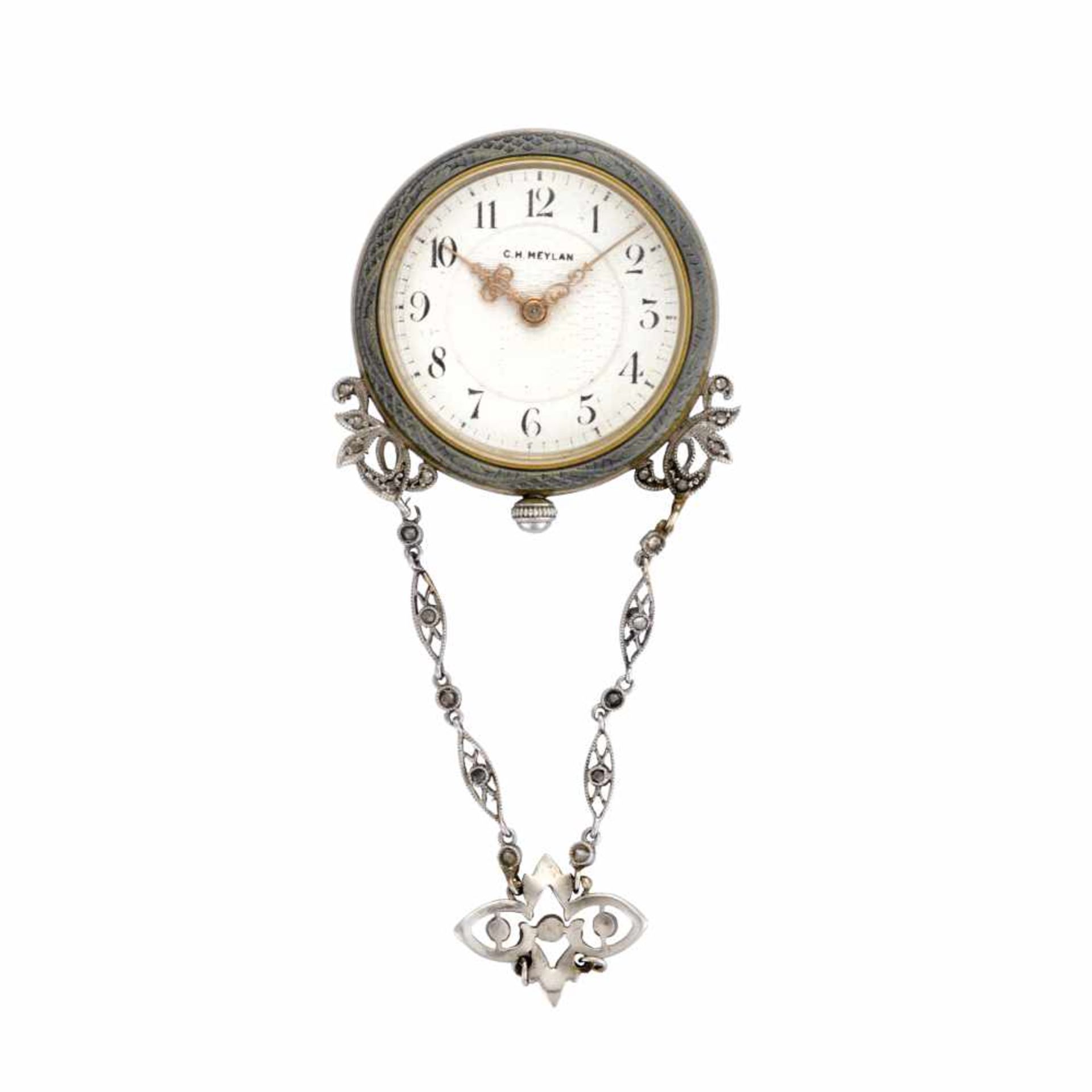 C.H.MEYLANPlatinum and 18K gold pocket watch with enamel and diamonds, white small chainEarly 20th