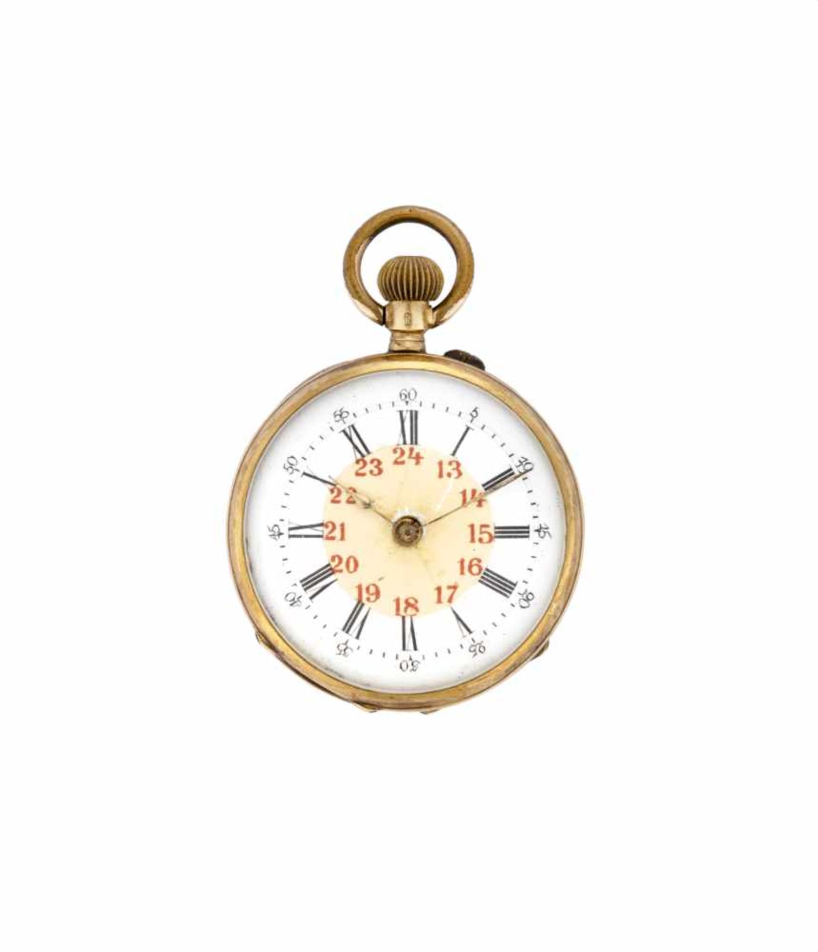 ANONYMOUS14K gold pocket watchEarly 20th centuryManual wind movementWhite enamel dial with Roman
