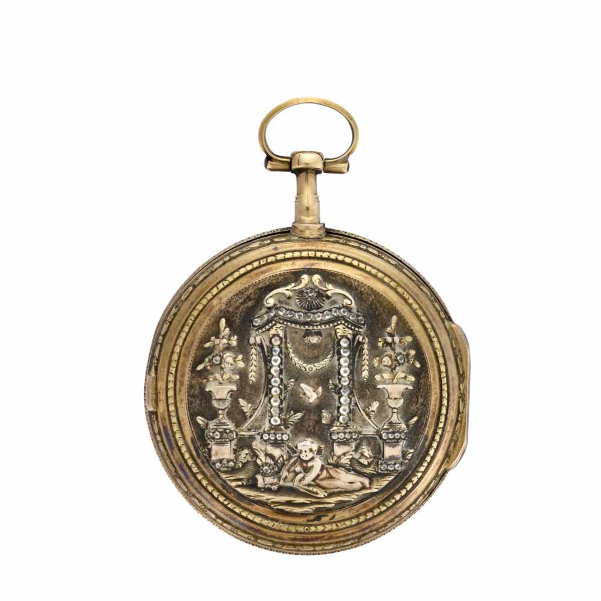 BORDIER GENEVE18K gold pocket watchLate XVIII/early XIX centuryKey-wind movementWhite enamel dial - Image 2 of 2