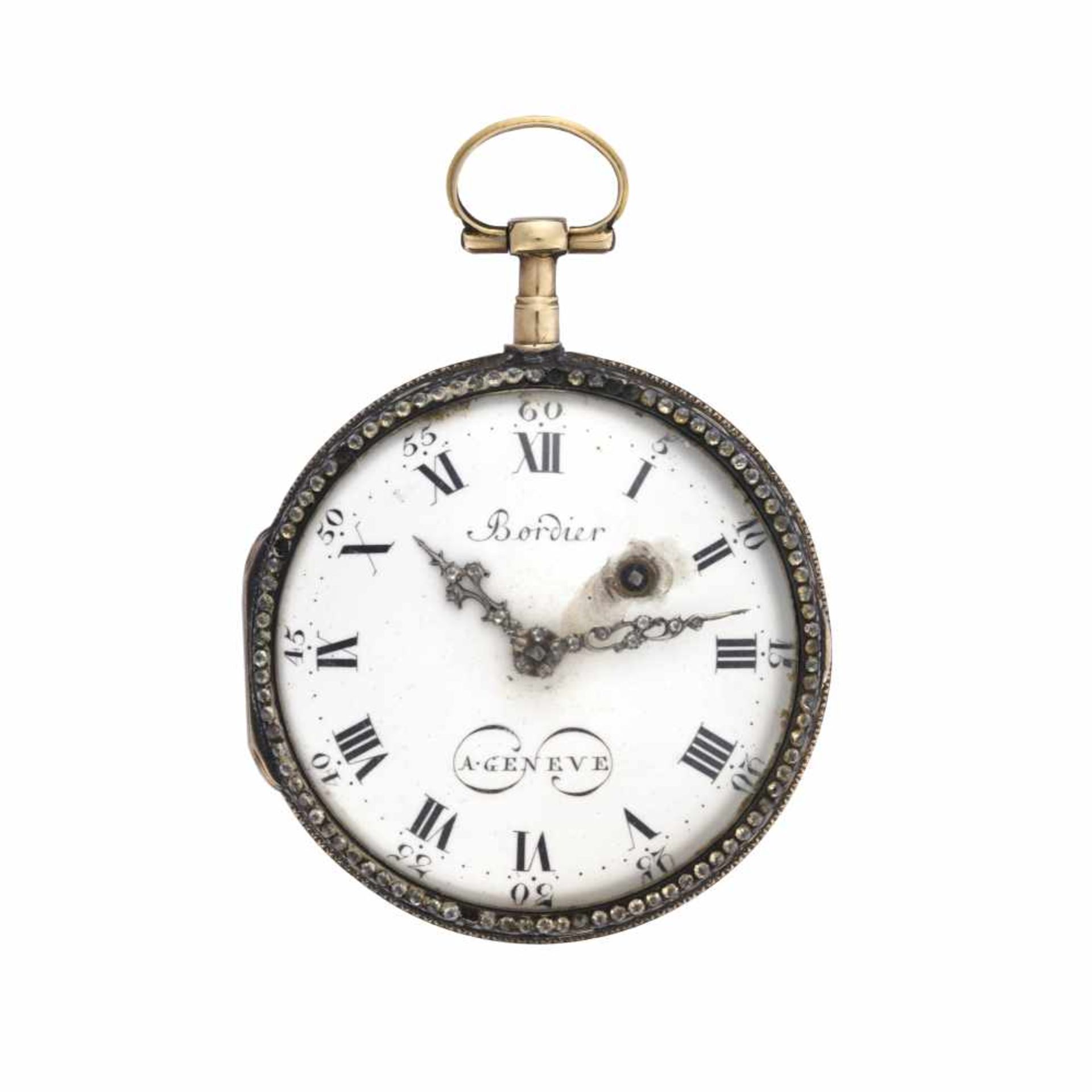 BORDIER GENEVE18K gold pocket watchLate XVIII/early XIX centuryKey-wind movementWhite enamel dial