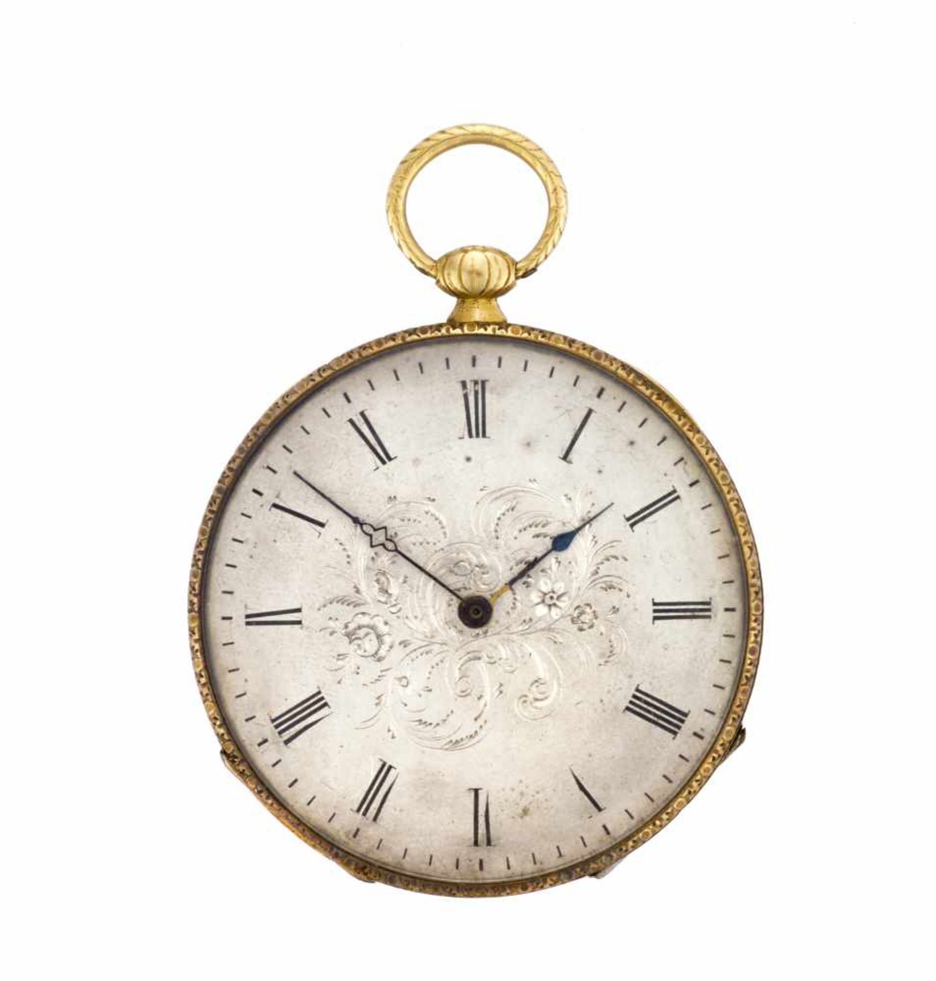 ANONYMOUS18K gold pocket watch with enamel decorationHalf 19th centuryKey-wind movementSilvered dial