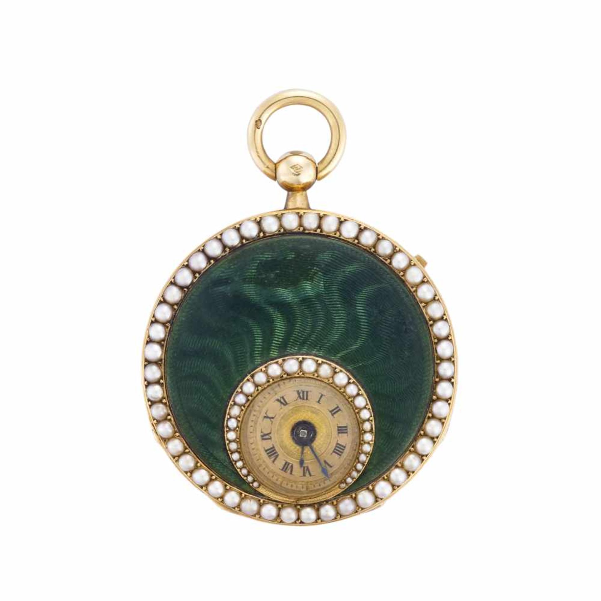 ANONYMOUS18K gold pocket watch white green enamel and pearlsEarly 19th centuryKey-wind