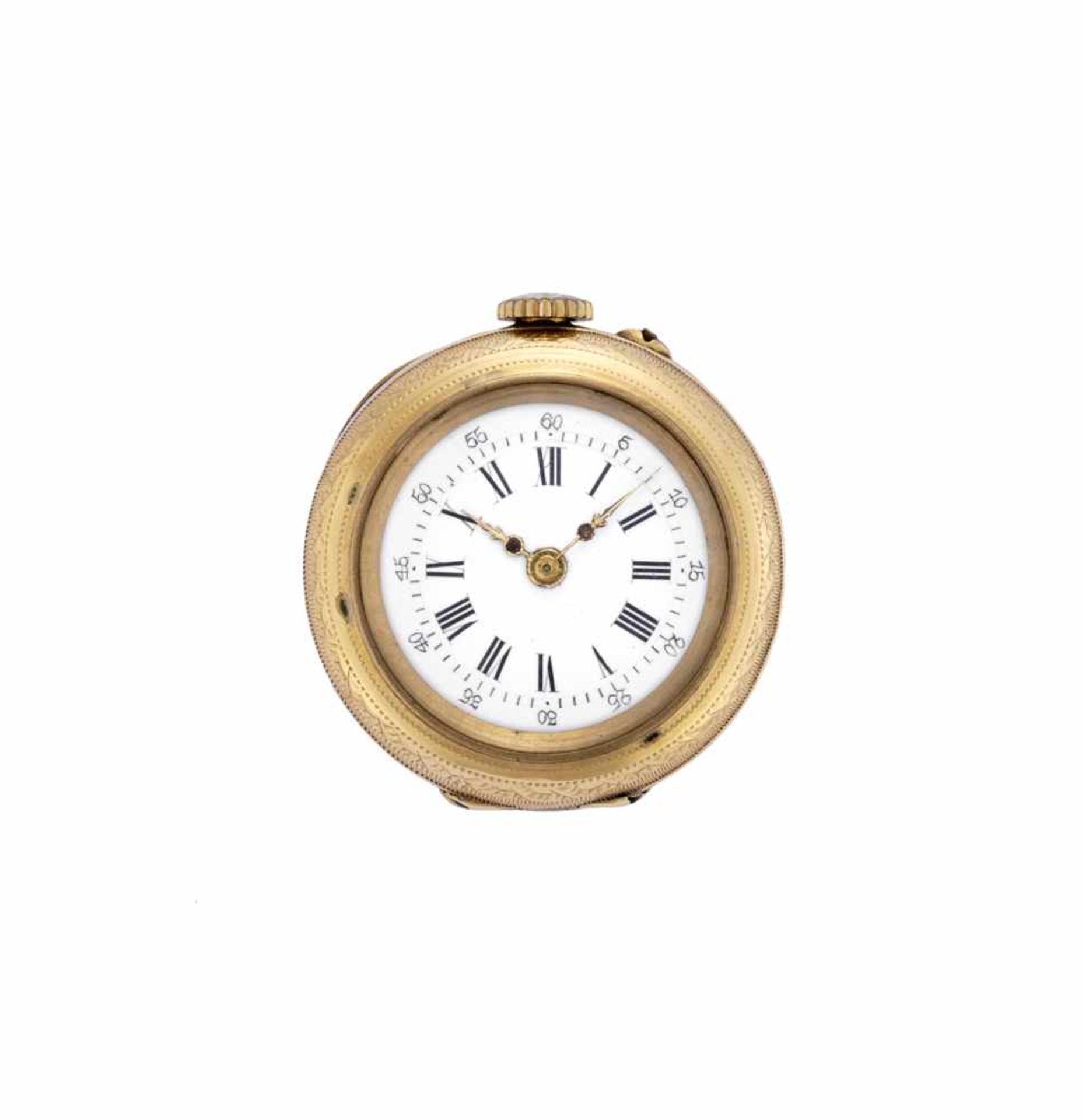 ANONYMOUS14K gold pocket watch and metalFirst half 20th centuryManual wind movementWhite dial with