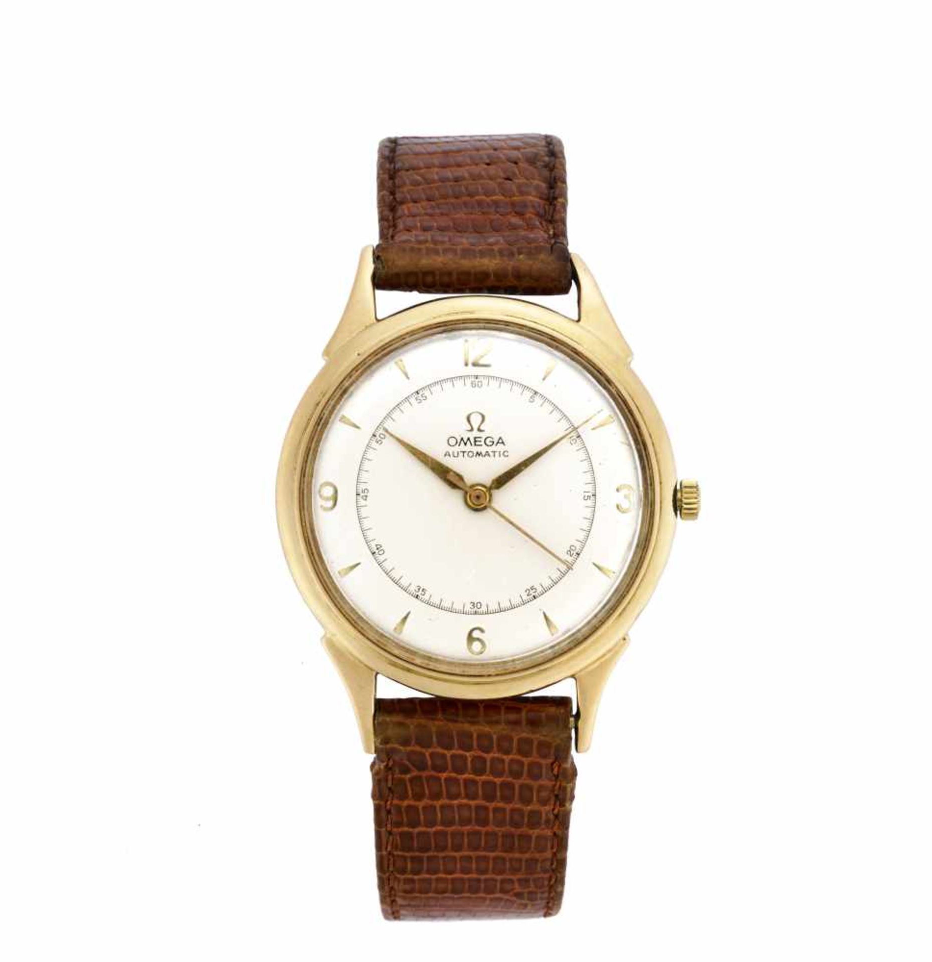 OMEGAGent's 18K gold wristwatch1950s/1960sMovement signedAutomatic movementSilvered dial with