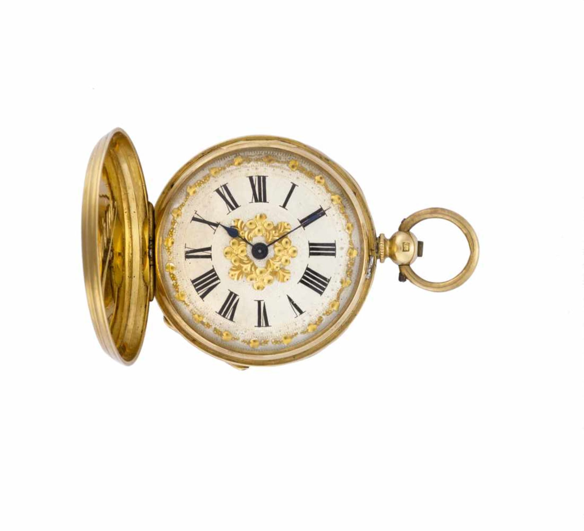 ANONYMOUS18K gold savonnette pocket watch19th centuryKey-wind movementWhite dial with floral