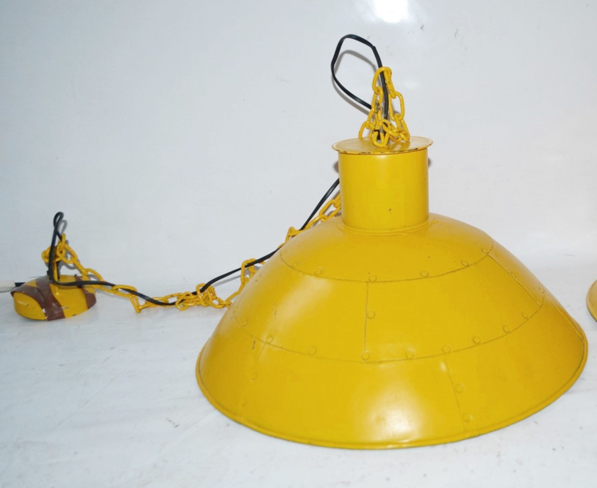 A Pair Of MAISONS DU MONDE Industrial-style Pendant Lights In Bright Yellow - Image 7 of 7