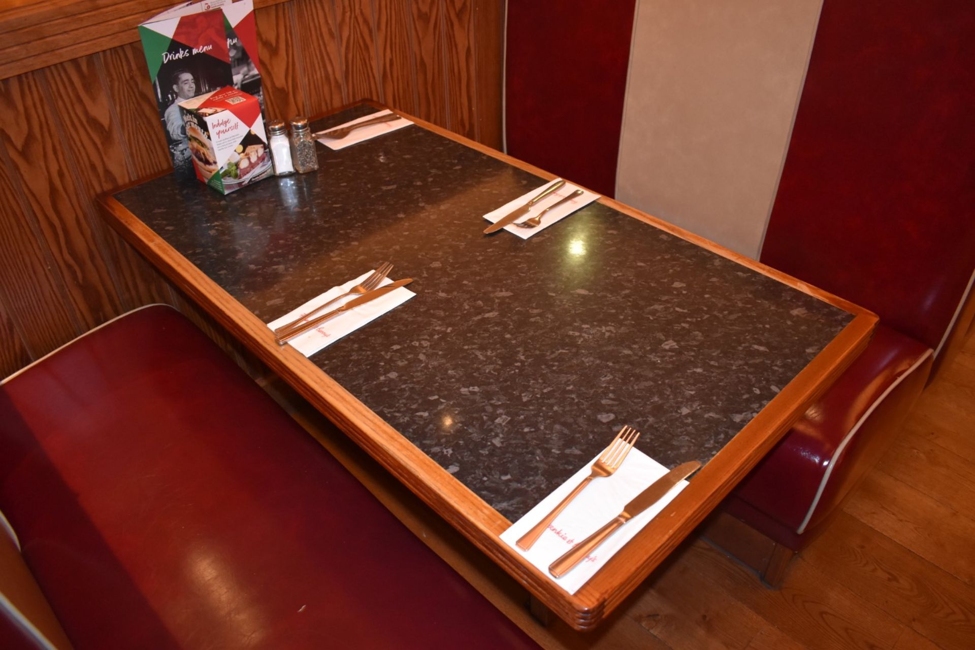 2 x Double Seating Booths and 1 x Table - Upholstered in a Red and Cream Retro Style Faux Leather - Image 3 of 5