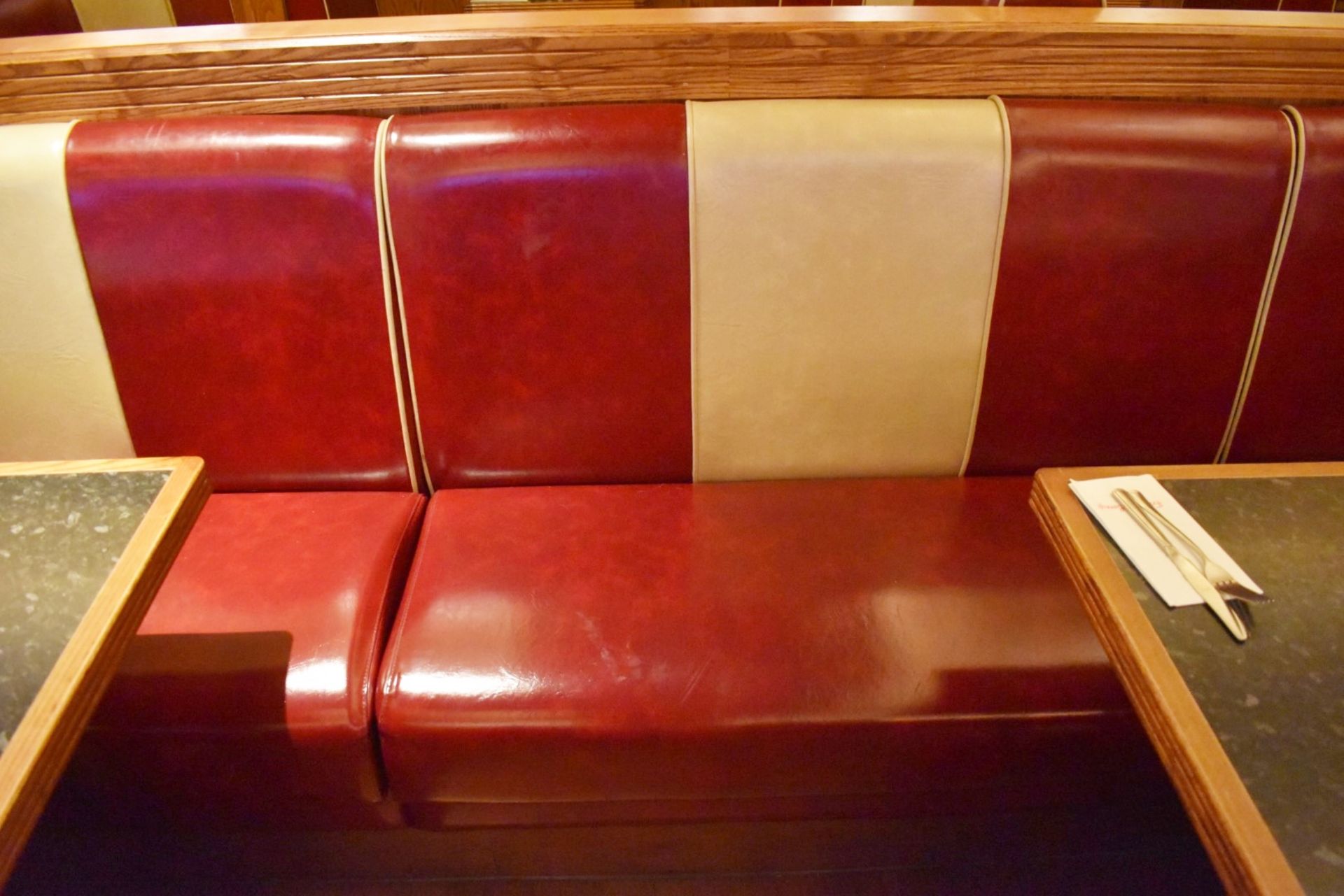 1 x Banquet Seating Bench Upholstered in a Red and Cream Faux Leather Upholstery - From American - Image 5 of 7