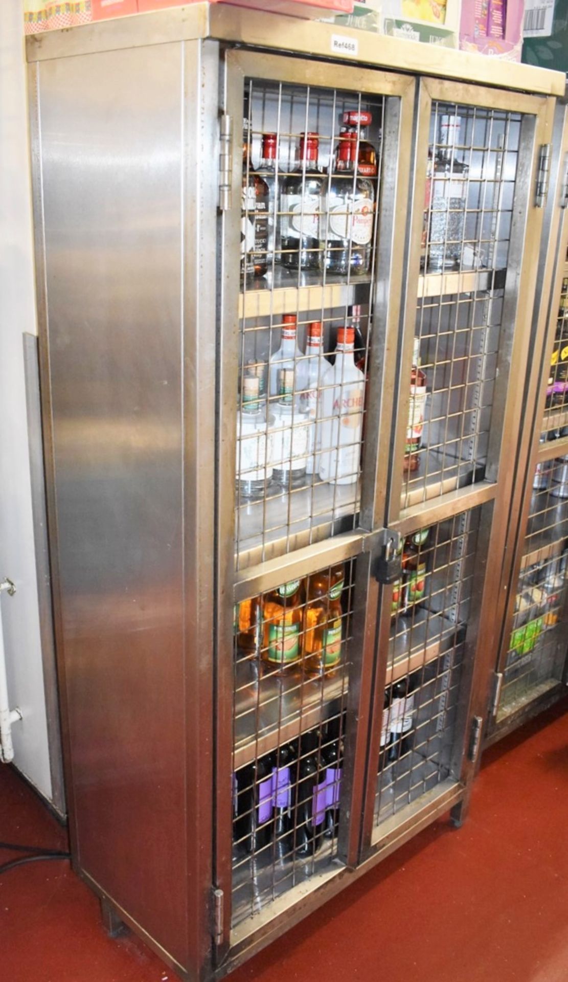 1 x Stainless Steel Security Drinks Cabinet With Caged Doors and Four Shelves - H160 x W80 x D40 cms