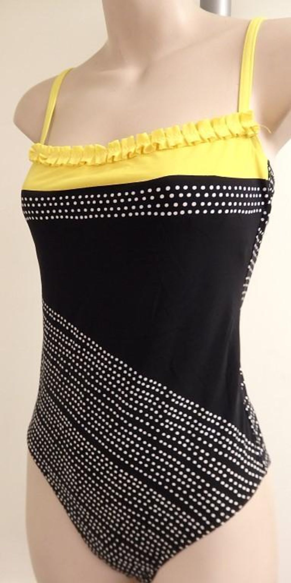 1 x Rasurel - Black Polka dot with canary yellow trim & frill Tobago Swimsuit - R21031 - Size 2 - UK