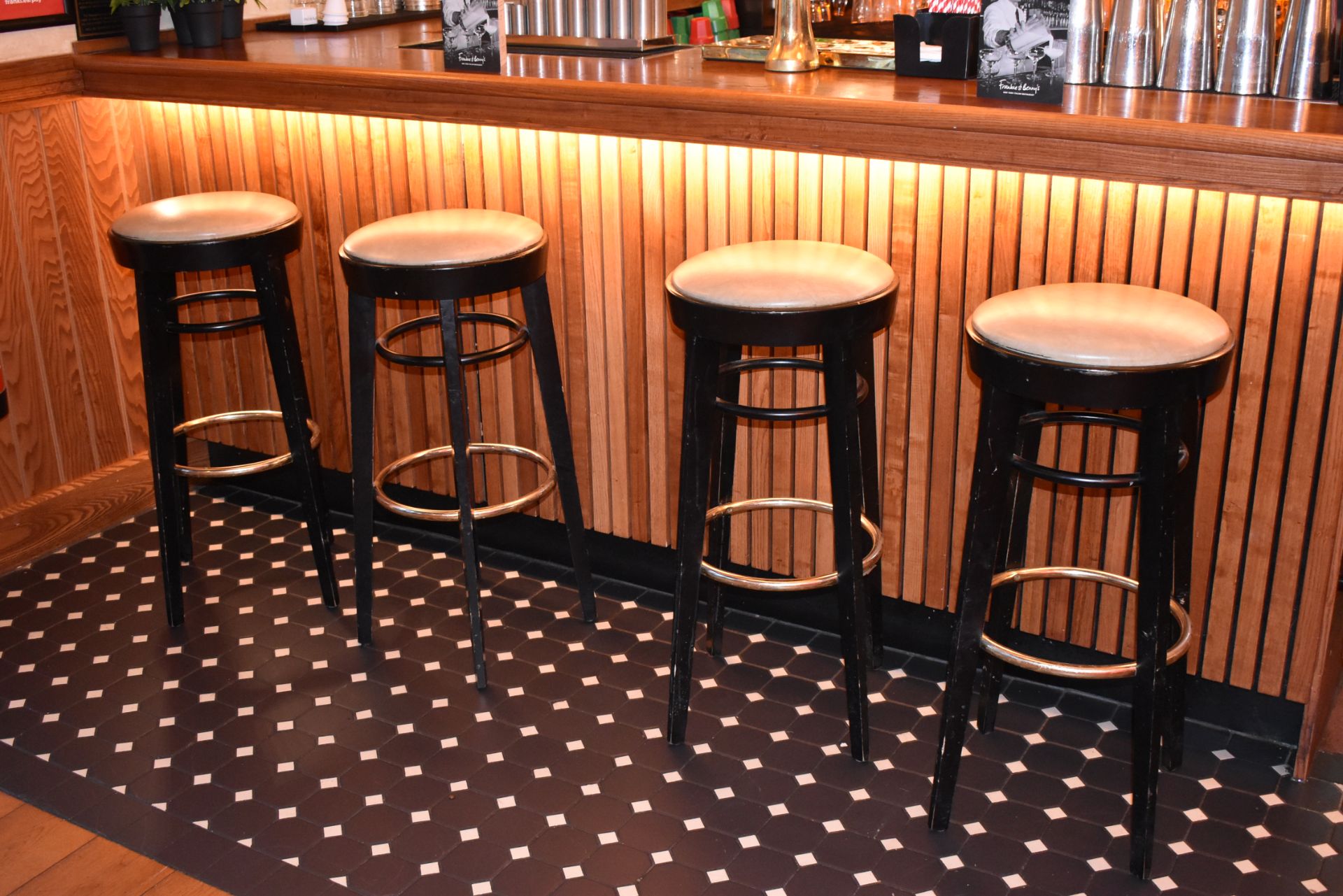 4 x Bar Stools in Black With Cushioned Seats and Foot Rests - H105 x W75 cms - CL470 - Location: