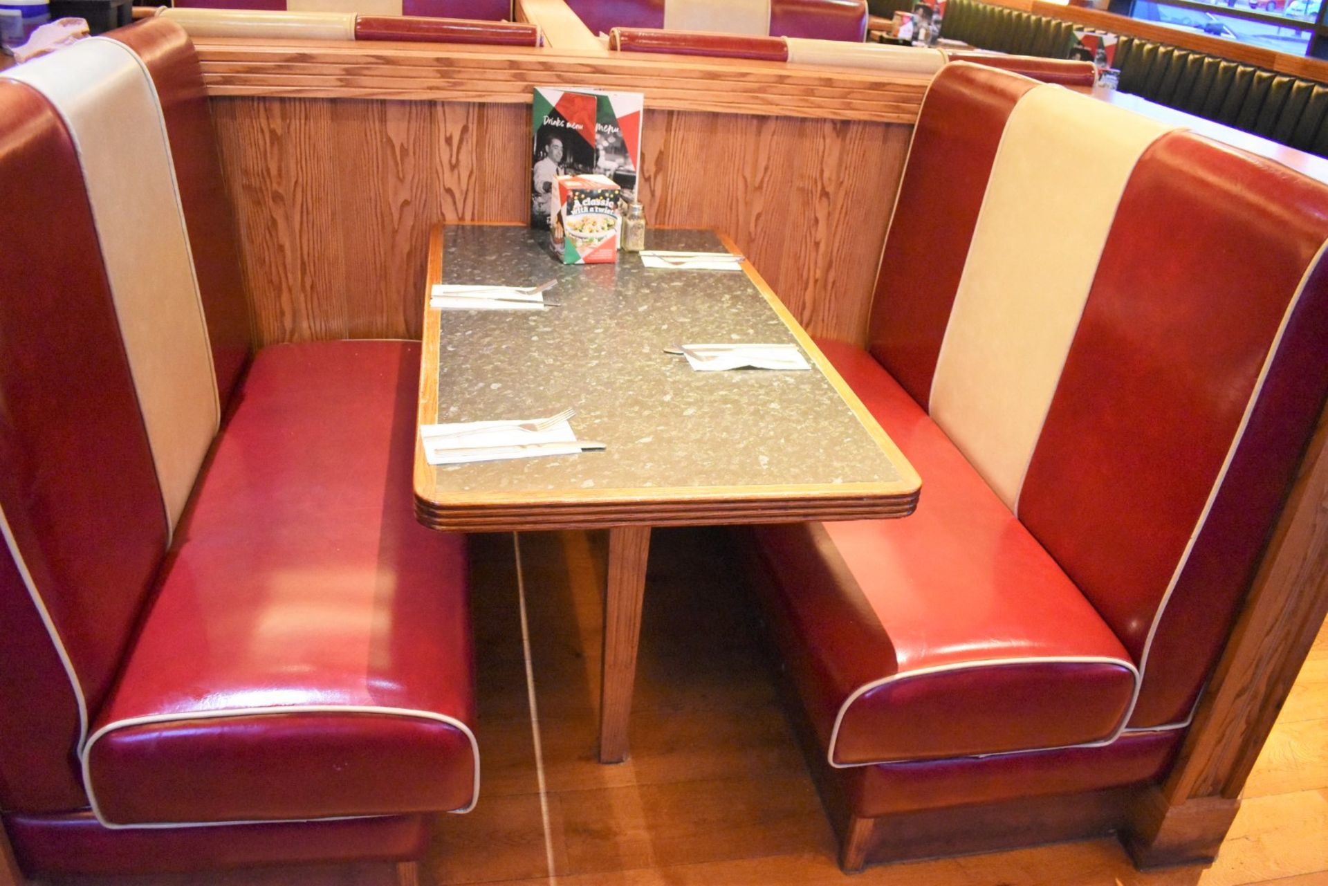 2 x Double Seating Booths and 1 x Table - Upholstered in a Red and Cream Retro Style Faux Leather