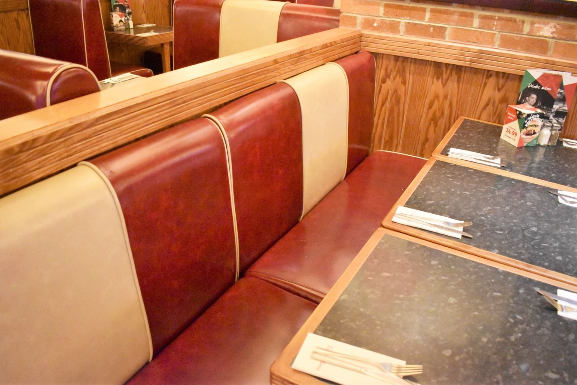 1 x Banquet Seating Bench Upholstered in a Red and Cream Faux Leather Upholstery - From American - Image 3 of 7