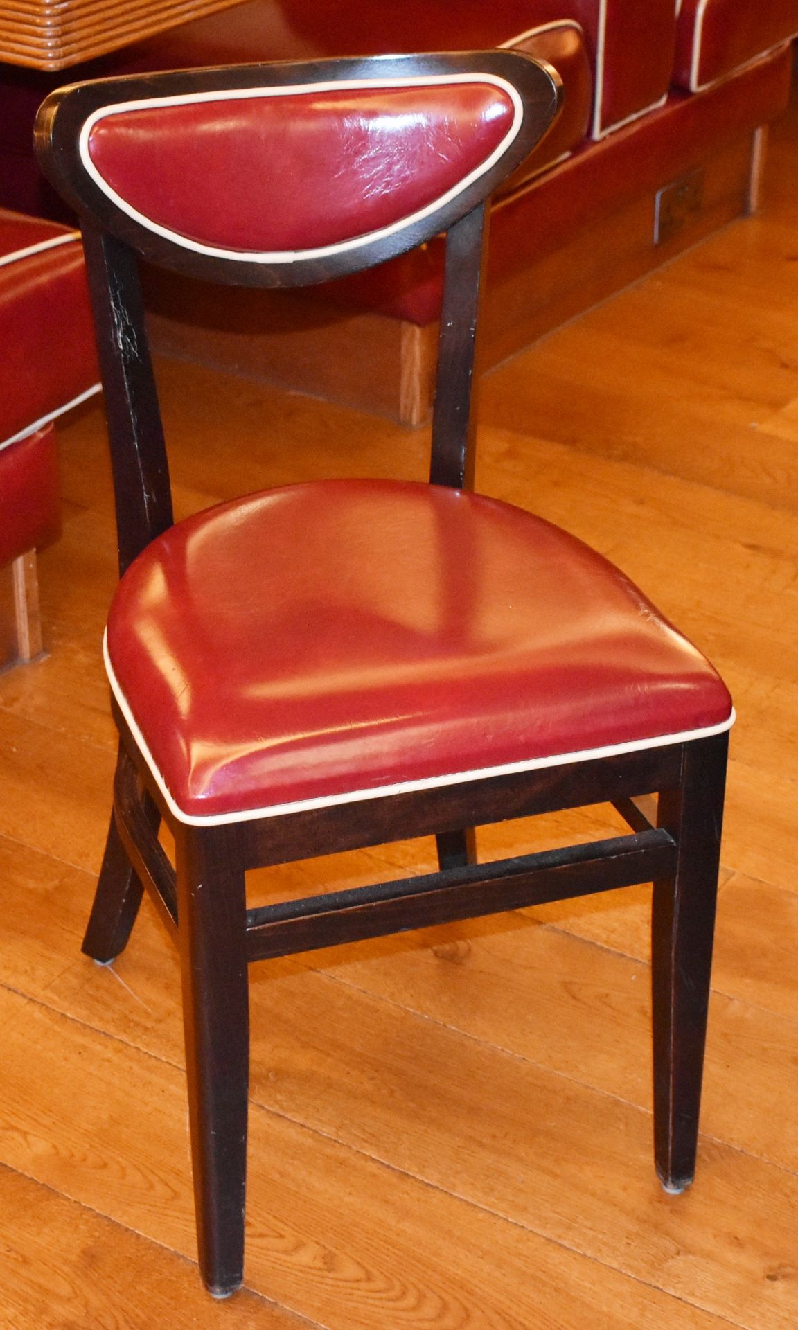 8 x American Diner Restaurant Chairs - Features Red Faux Leather Upholstery and White Piping -