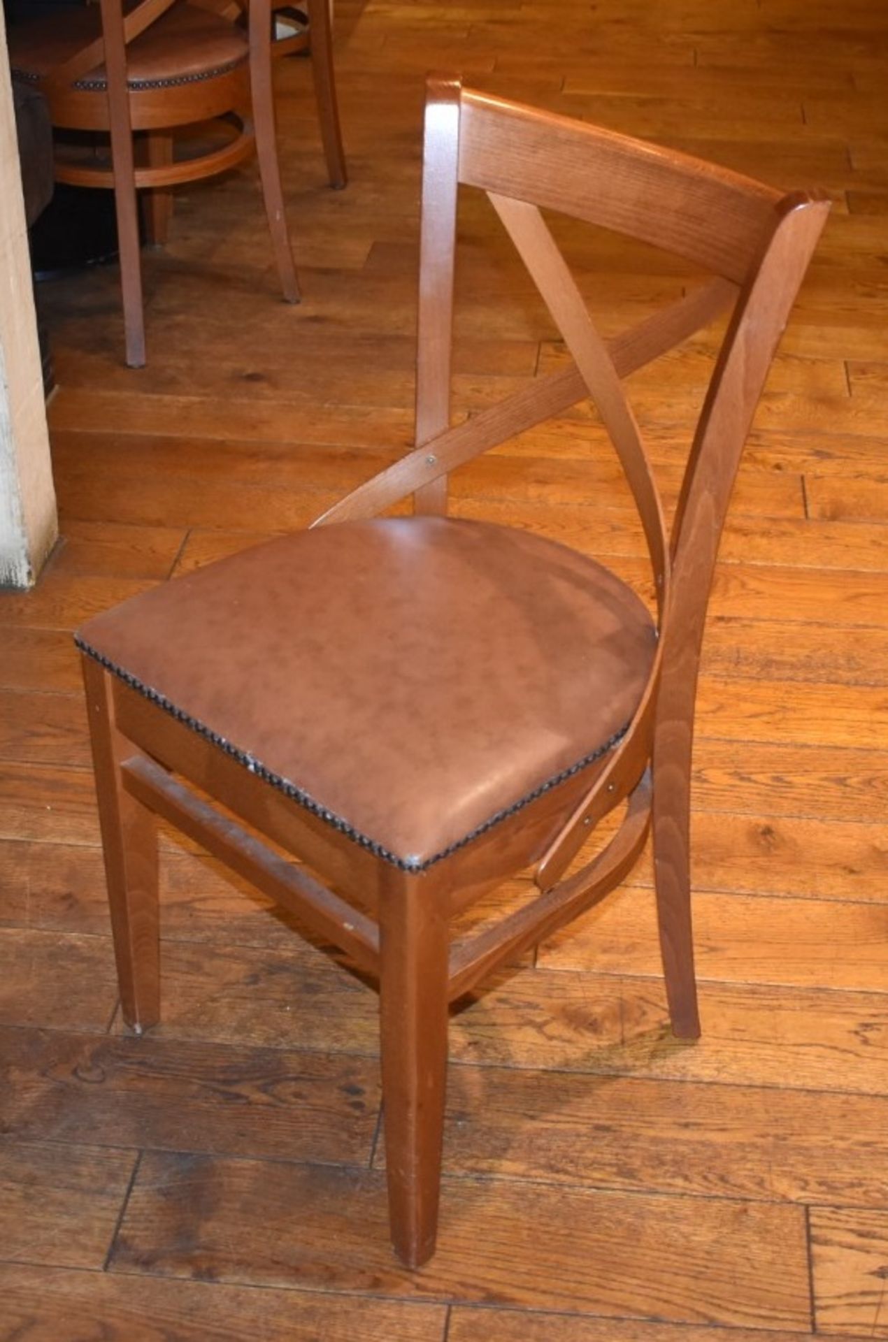 6 x Restaurant Dining Chairs With Wooden Crossbacks and Faux Leather Brown Seat Pads - H84 x W45 cms - Image 2 of 4
