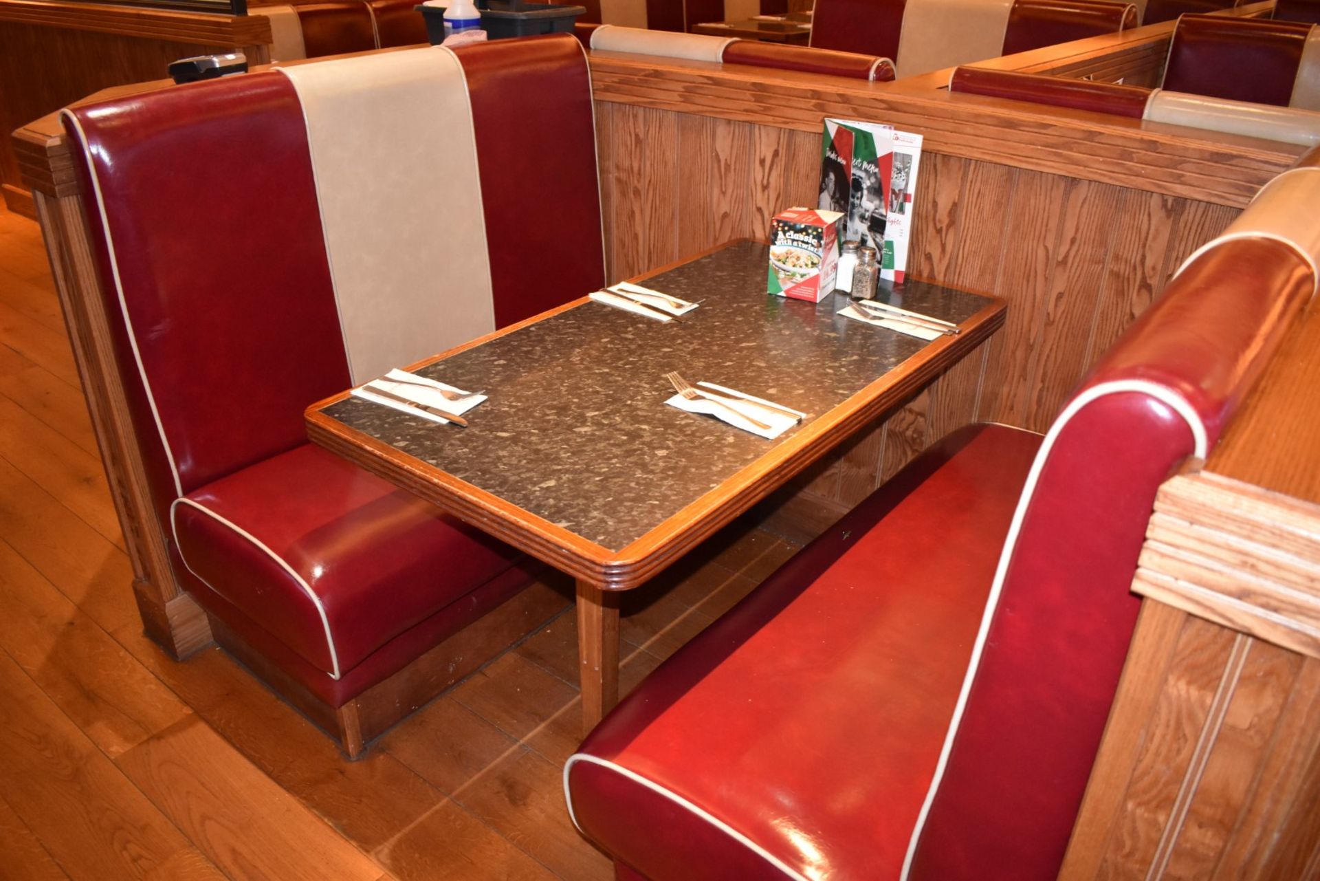 2 x Double Seating Booths and 1 x Table - Upholstered in a Red and Cream Retro Style Faux Leather - Image 2 of 5