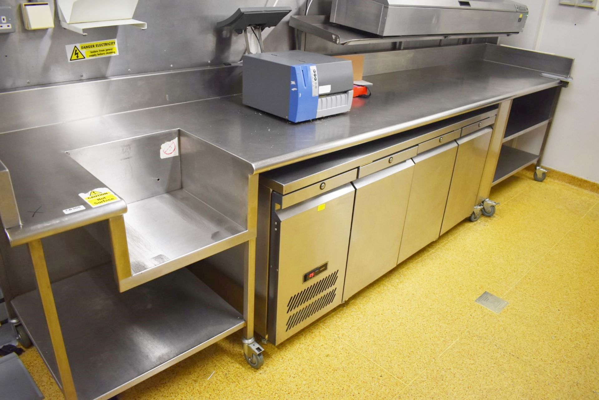 1 x Commercial Kitchen Prep Bench on Castors - Large 13ft Size - Features Upstand Splashback and