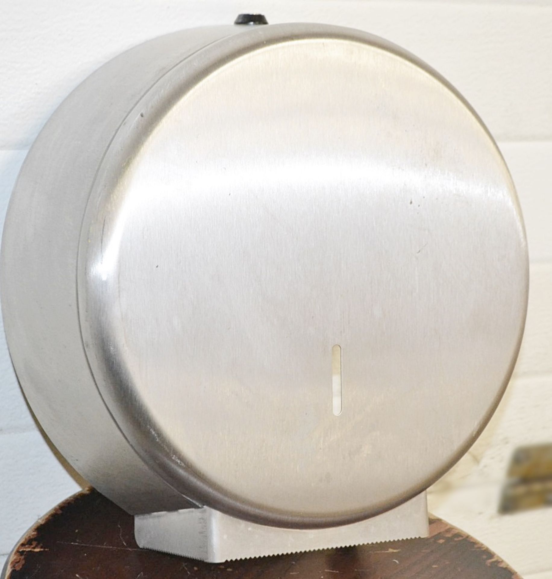 4 x Stainless Steel Jumbo Toilet Roll Dispensers - Recently Taken From A Working Commercial Premises