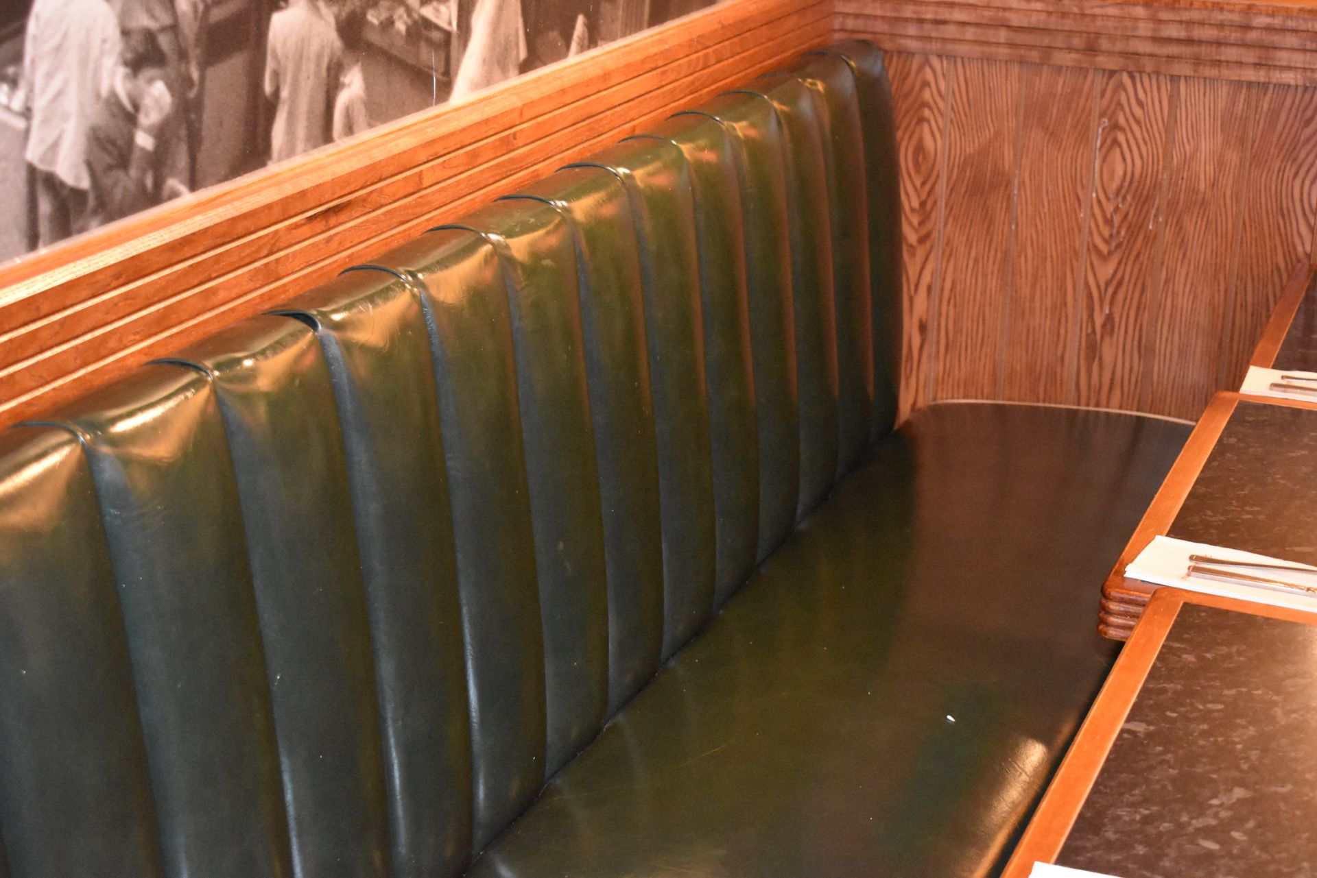 1 x Long Baquet Seating Bench Upholstered in Green Faux Leather With Ribbed Back - 18 Feet in Length - Image 5 of 6