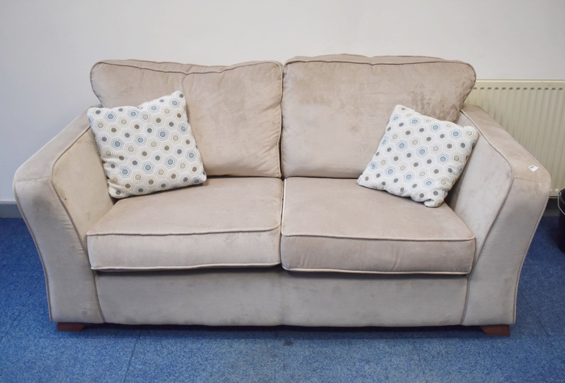 1 x Comfortable Sofa in Light Fabric With Scatter Pillows - 180cm Width - Very Good Condition -