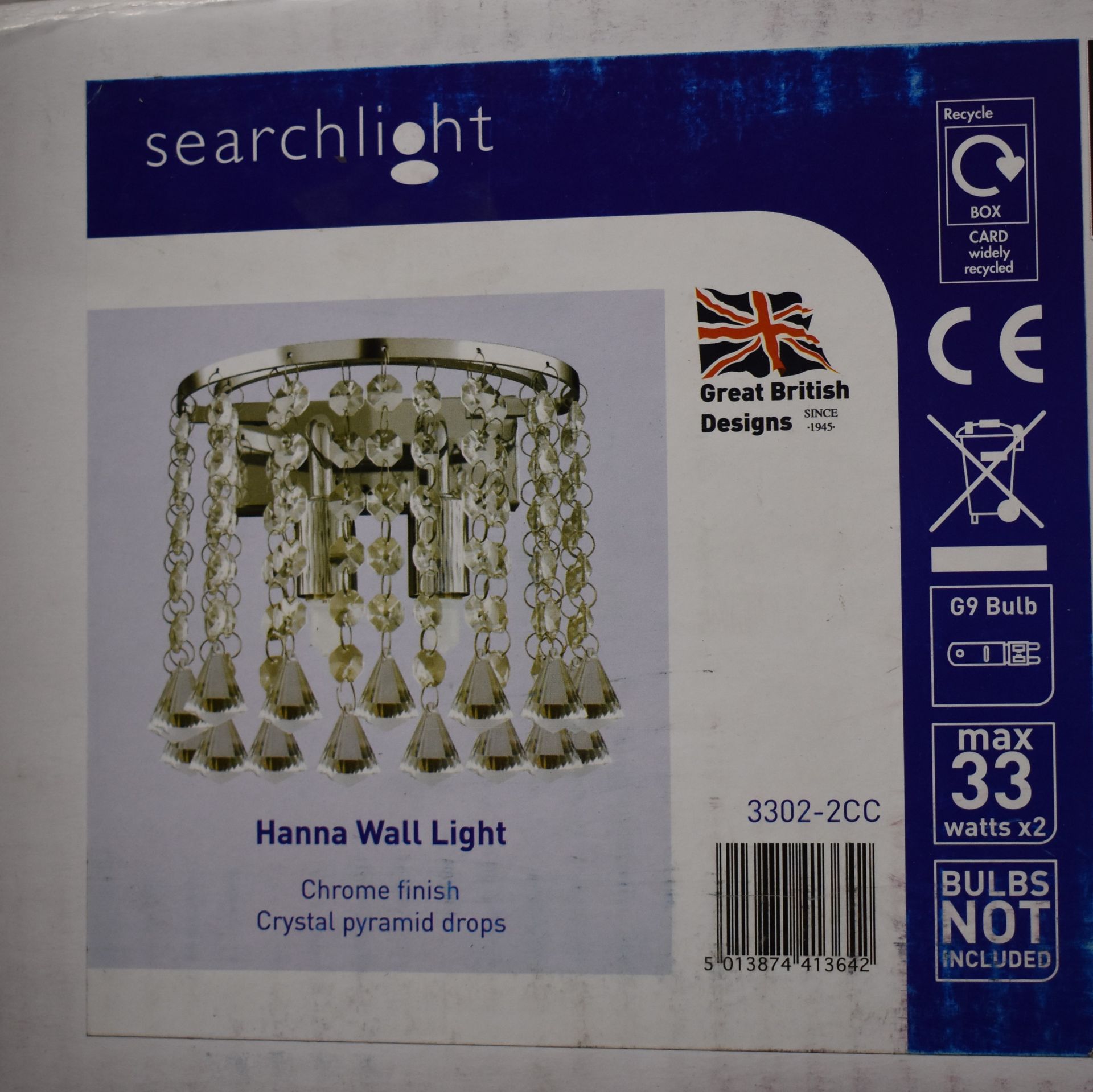 3 x Searchlight Hanna 2 Light Wall Lights in Polished Chrome With Crystal Pyramid Drops - Product - Image 2 of 2