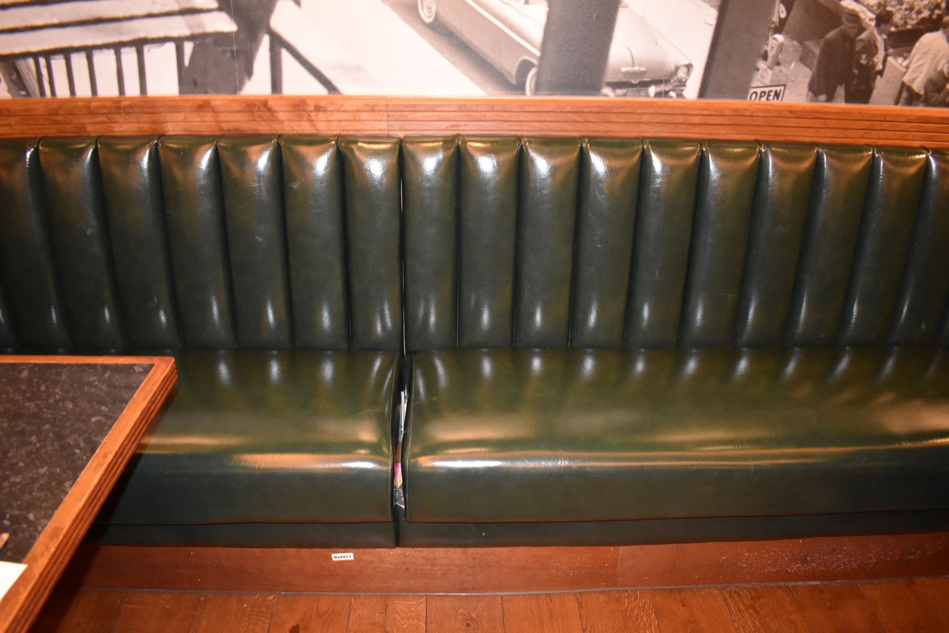 1 x Long Baquet Seating Bench Upholstered in Green Faux Leather With Ribbed Back - 18 Feet in Length - Image 2 of 6