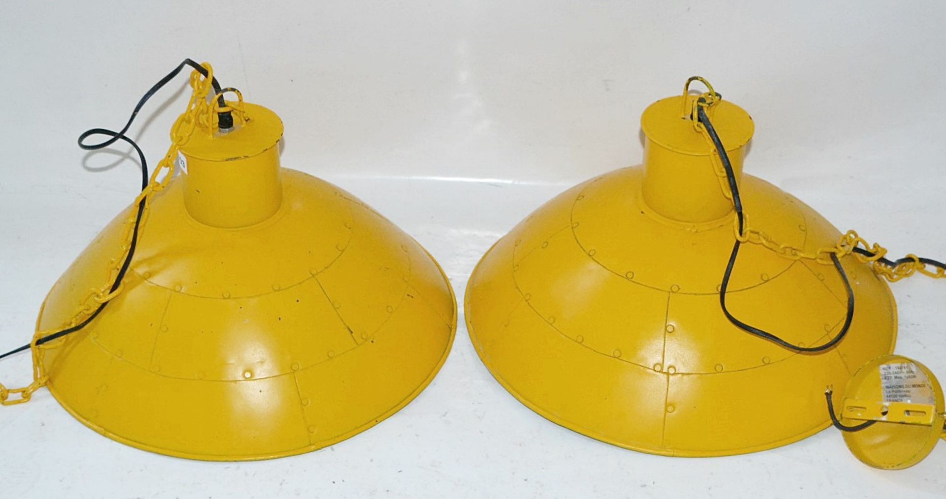 A Pair Of MAISONS DU MONDE Industrial-style Pendant Lights In Bright Yellow - Image 6 of 7