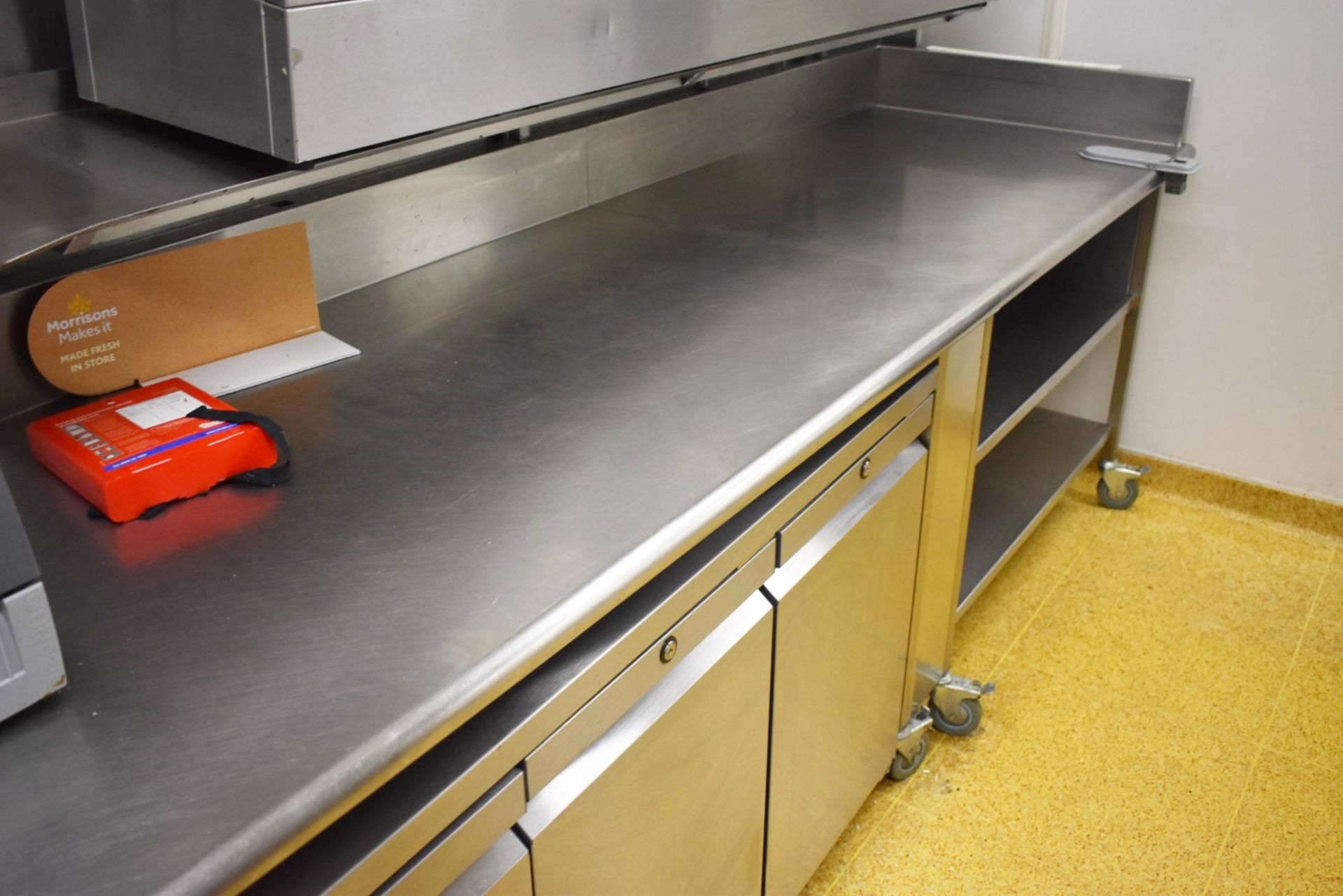 1 x Commercial Kitchen Prep Bench on Castors - Large 13ft Size - Features Upstand Splashback and - Image 4 of 12