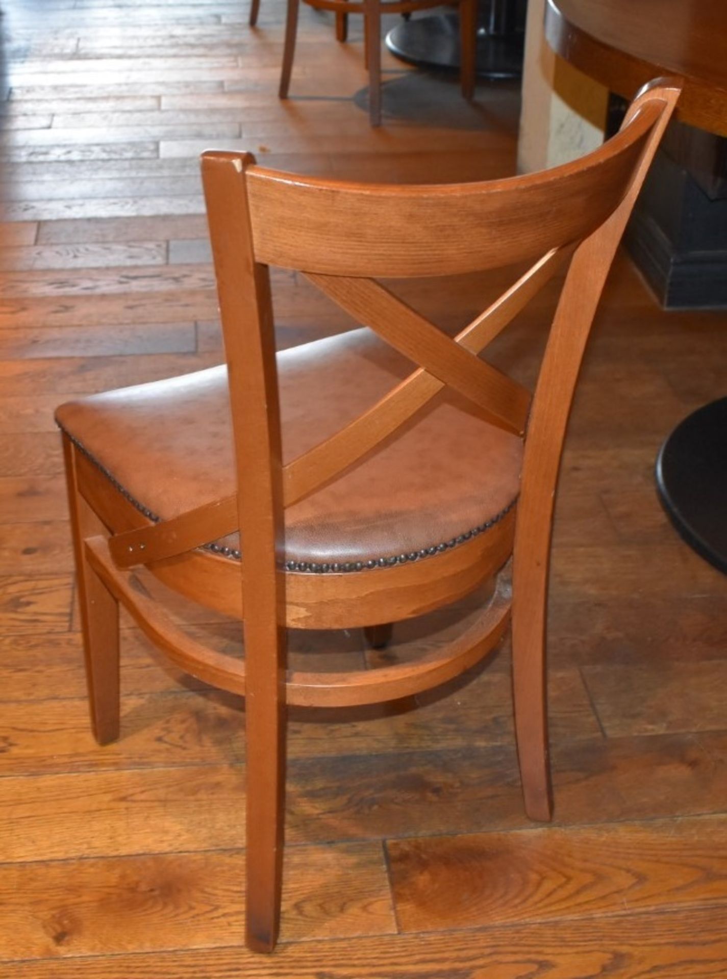6 x Restaurant Dining Chairs With Wooden Crossbacks and Faux Leather Brown Seat Pads - H84 x W45 cms - Image 4 of 4