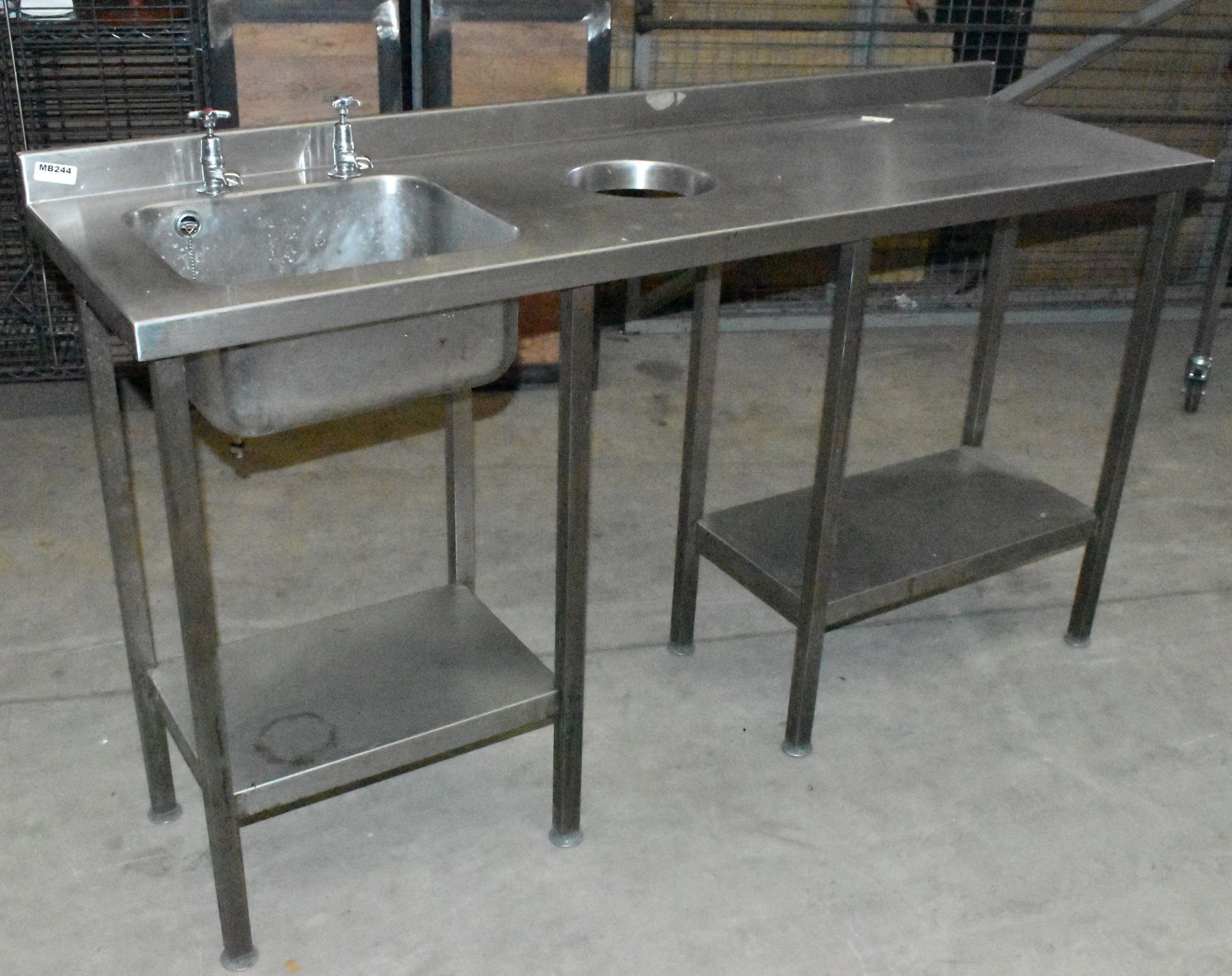 1 x Stainless Steel Wash Basin Prep Table With Undershelves, Upstand, Basin and Taps and Waste Chute